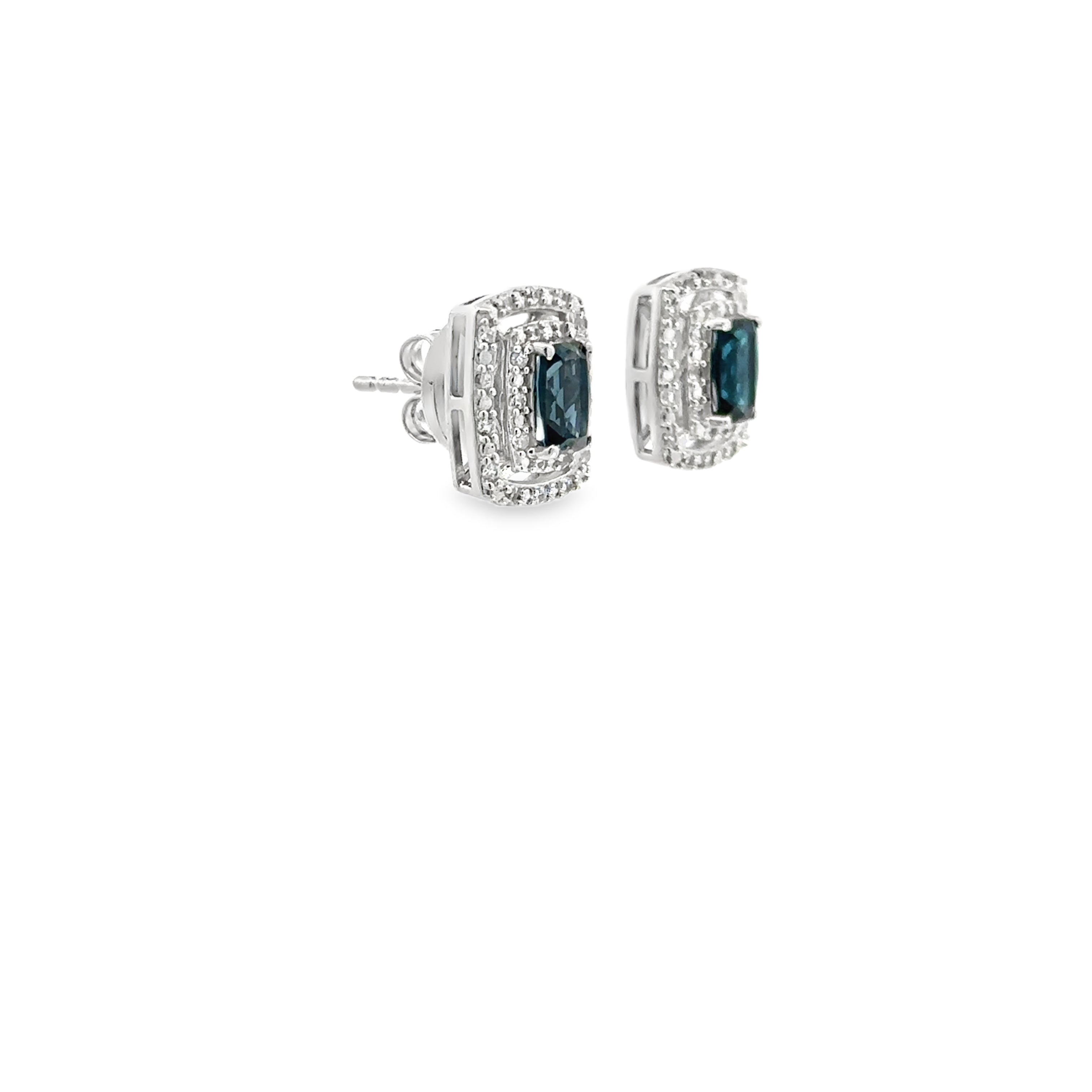 Sterling Silver London Blue Topaz and White Zircon Double Halo Stud Earrings