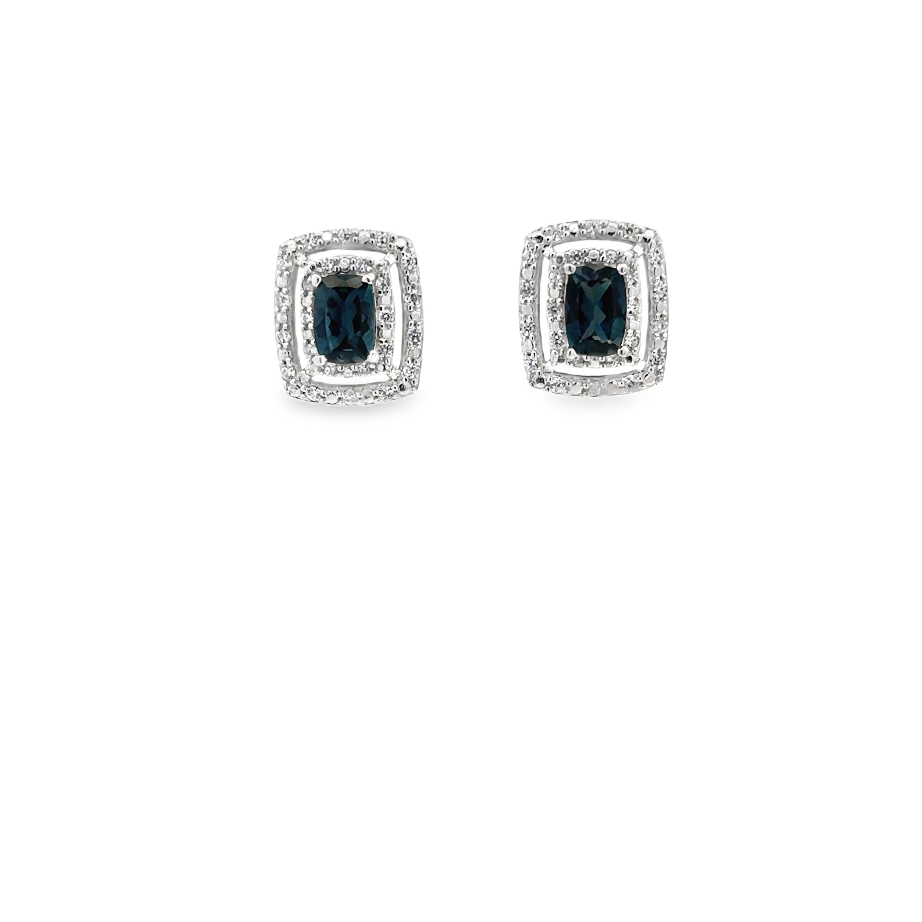 Sterling Silver London Blue Topaz and White Zircon Double Halo Stud Earrings