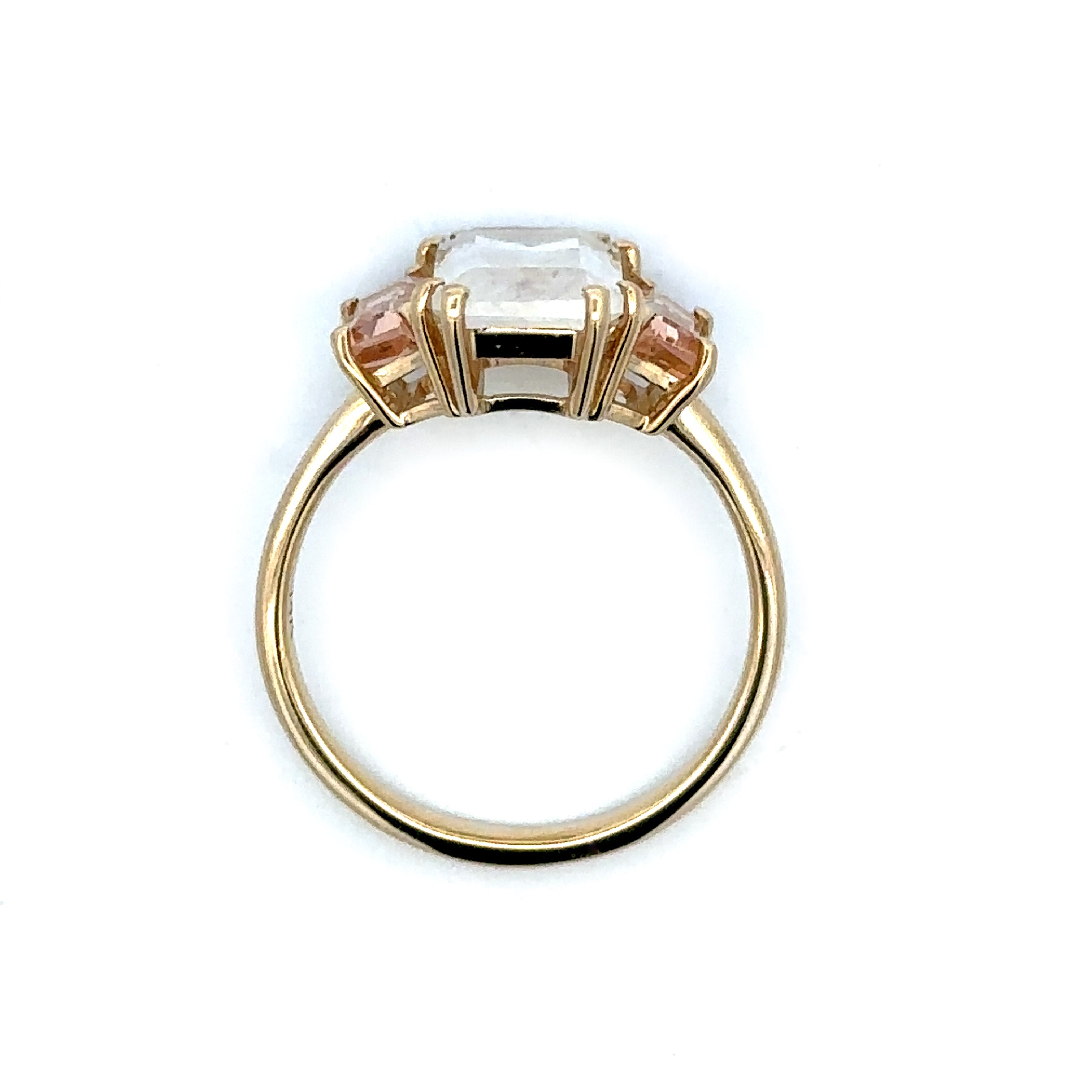 Estate Collection: 14K Yellow Gold White Emerald-Cut Center Stone with Morganite Side Stones Ring