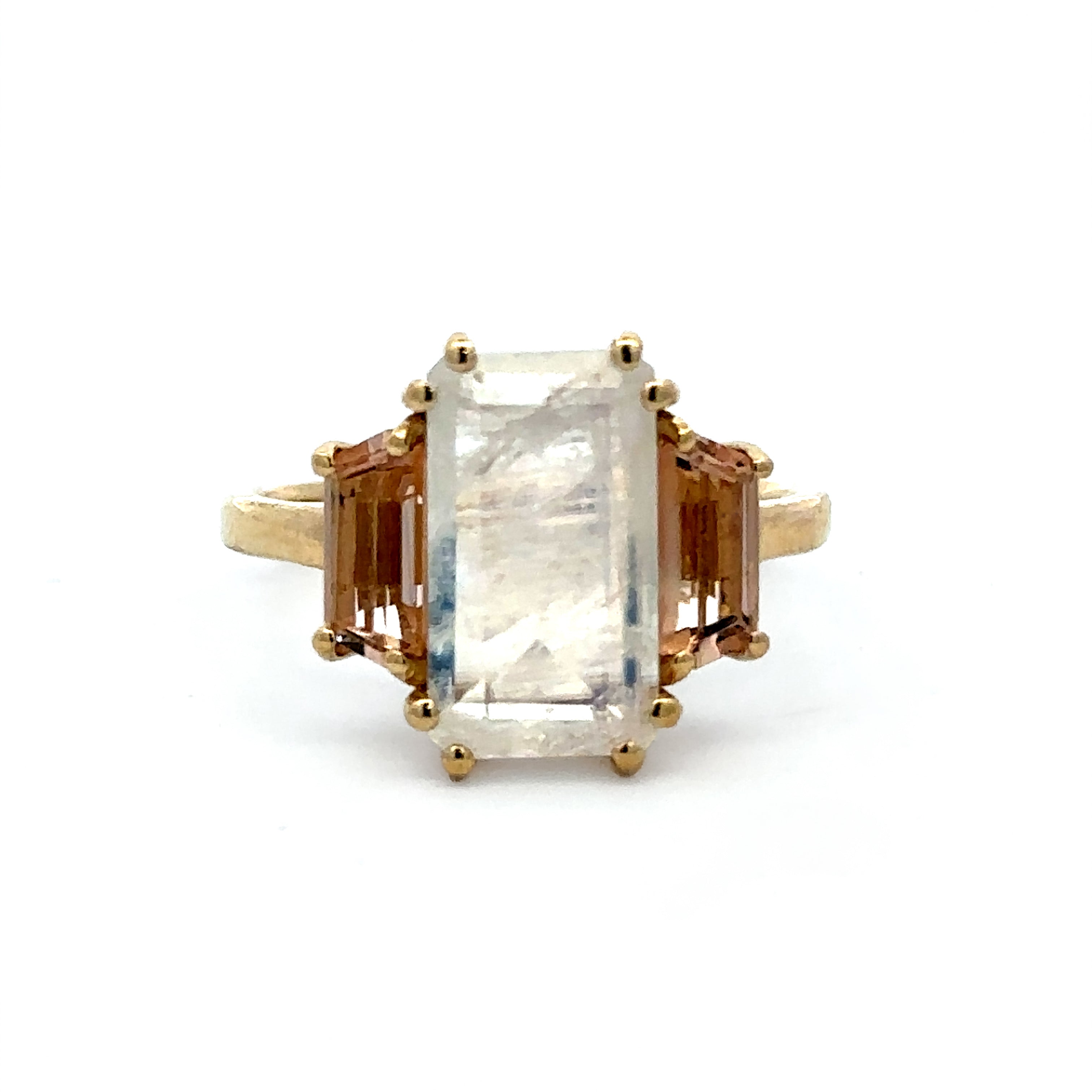 Estate Collection: 14K Yellow Gold White Emerald-Cut Center Stone with Morganite Side Stones Ring