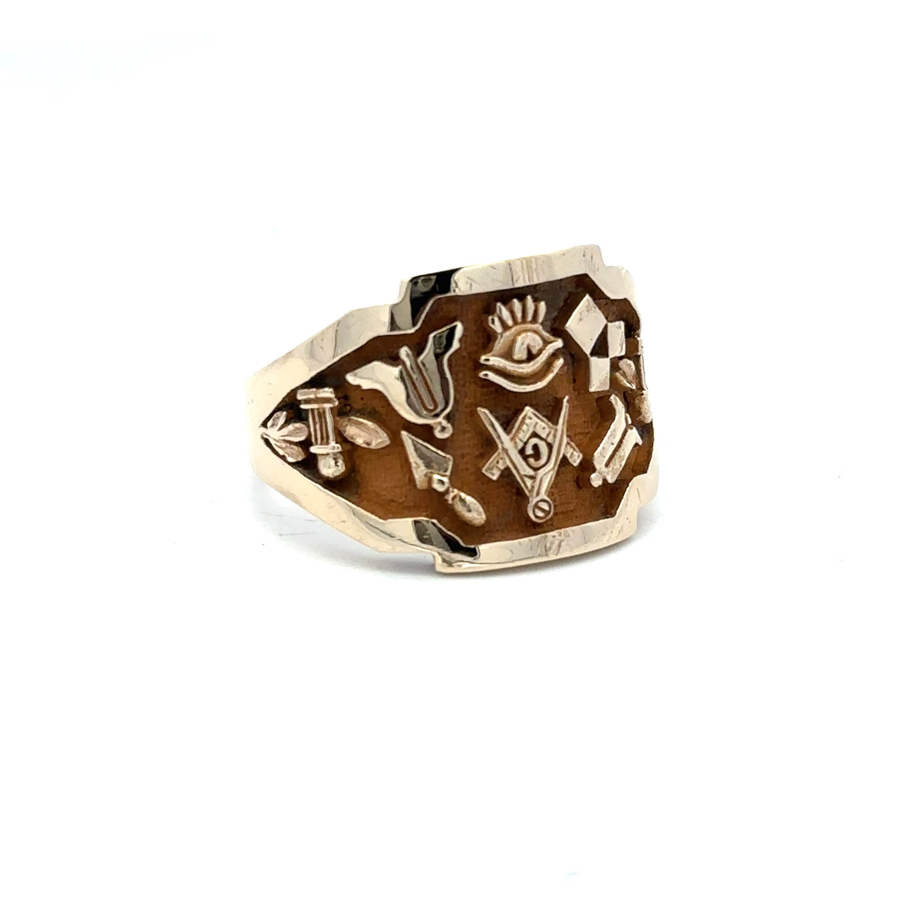A gold signet-style ring with a brown inlay featuring engraved occult and mystical symbols, shown on a plain white background.