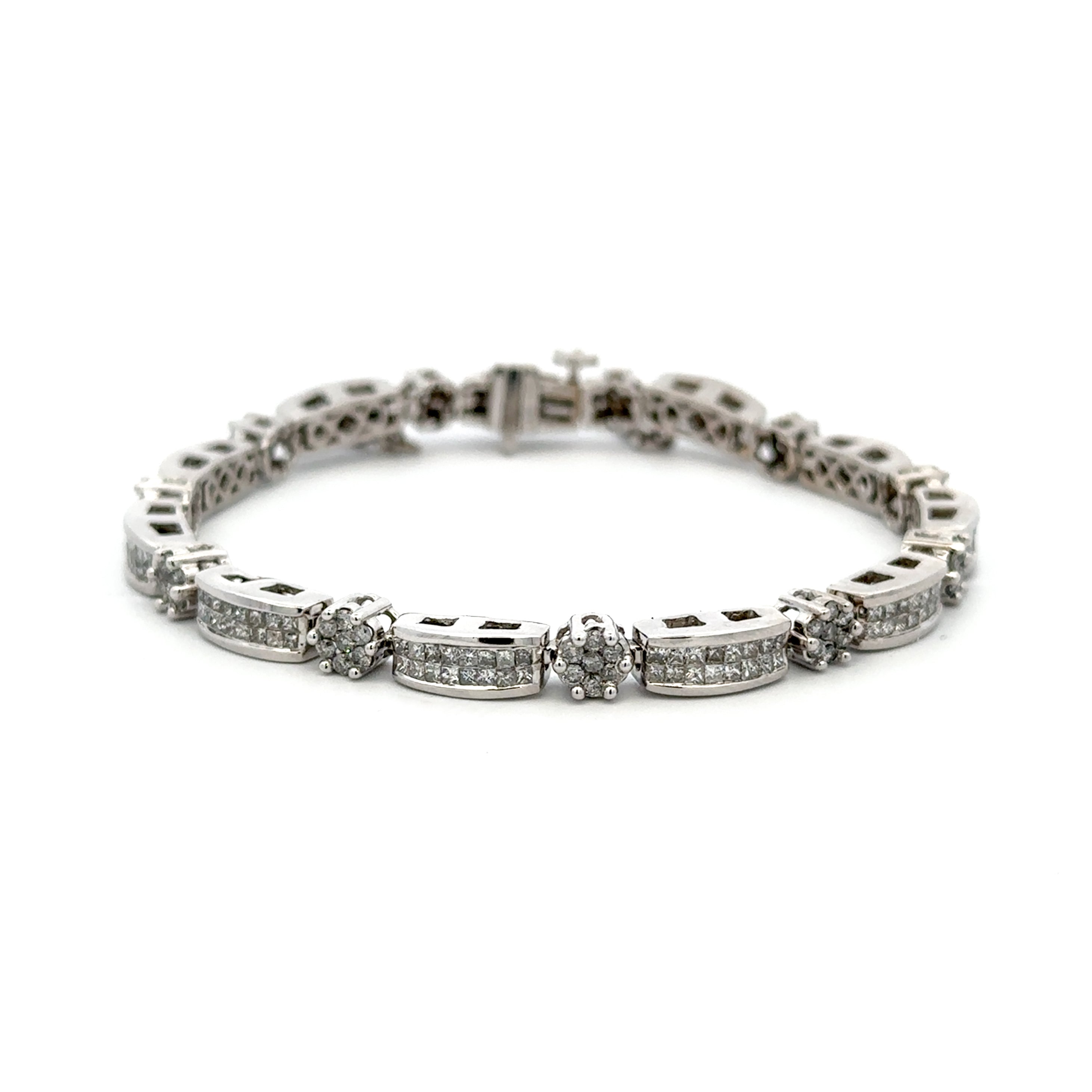 Estate Collection: 14K White Gold 3CTW. Natural Diamond Link Tennis Bracelet with Safety Chain