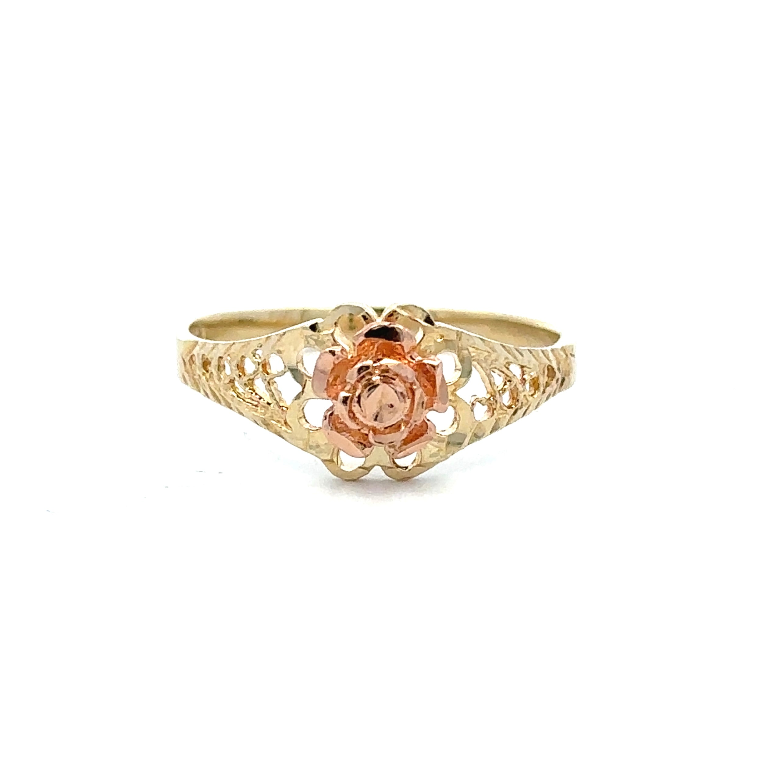A yellow gold ring featuring a central rose gold flower-shaped setting with a faceted rose-cut gemstone, shown on a plain white background.