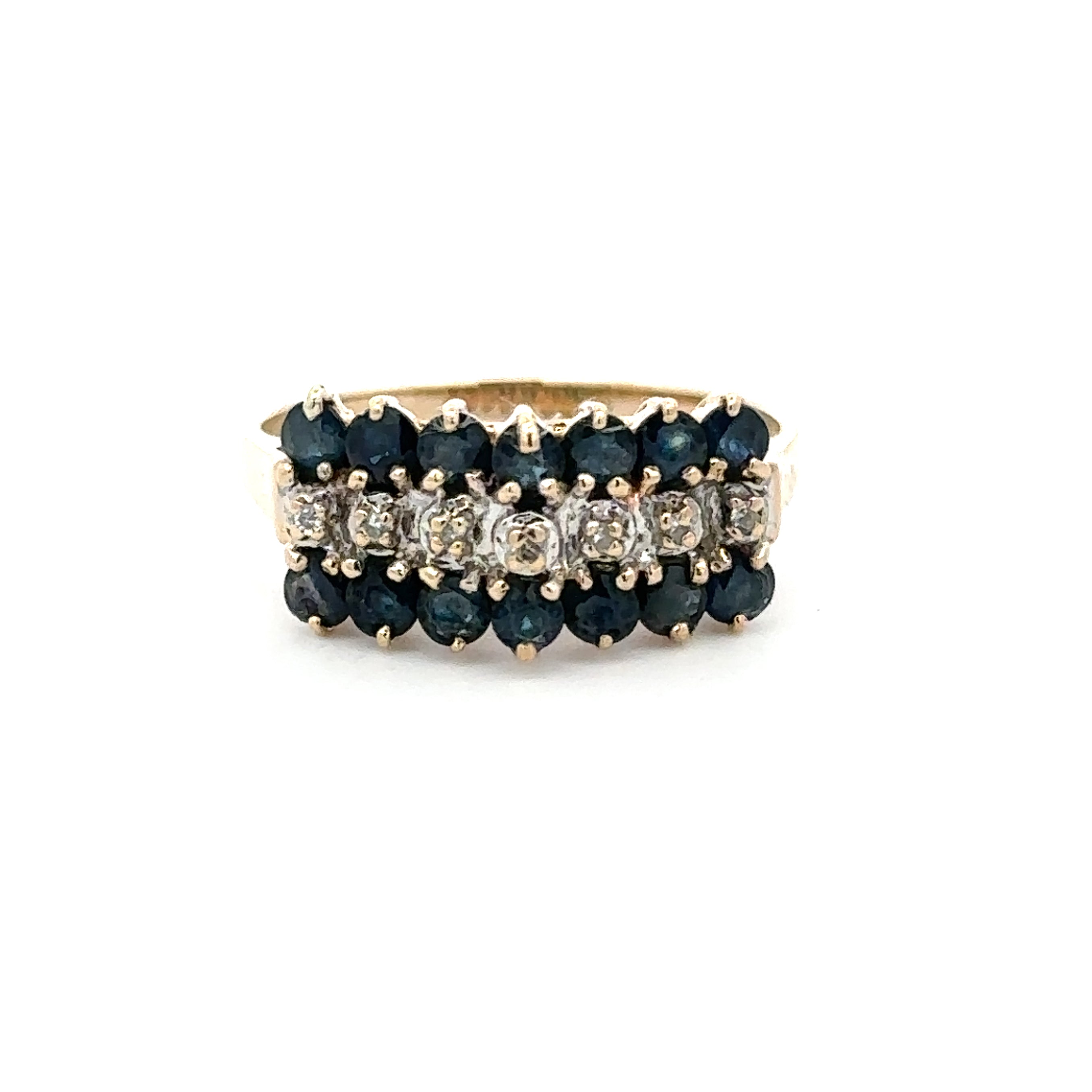 Estate Collection: 14K Yellow Gold Blue Sapphire and Diamond 3-Row Fashion Ring