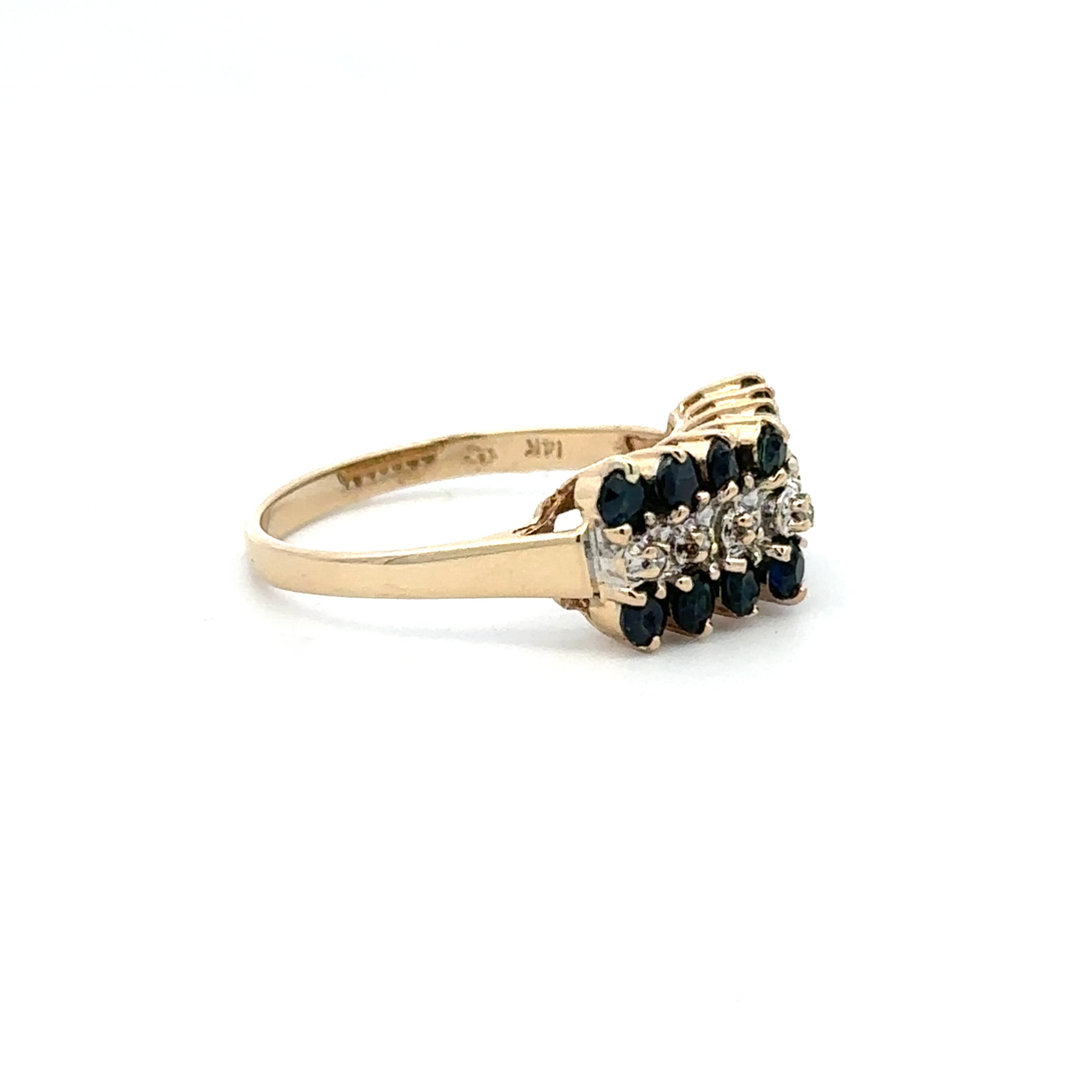 Estate Collection: 14K Yellow Gold Blue Sapphire and Diamond 3-Row Fashion Ring
