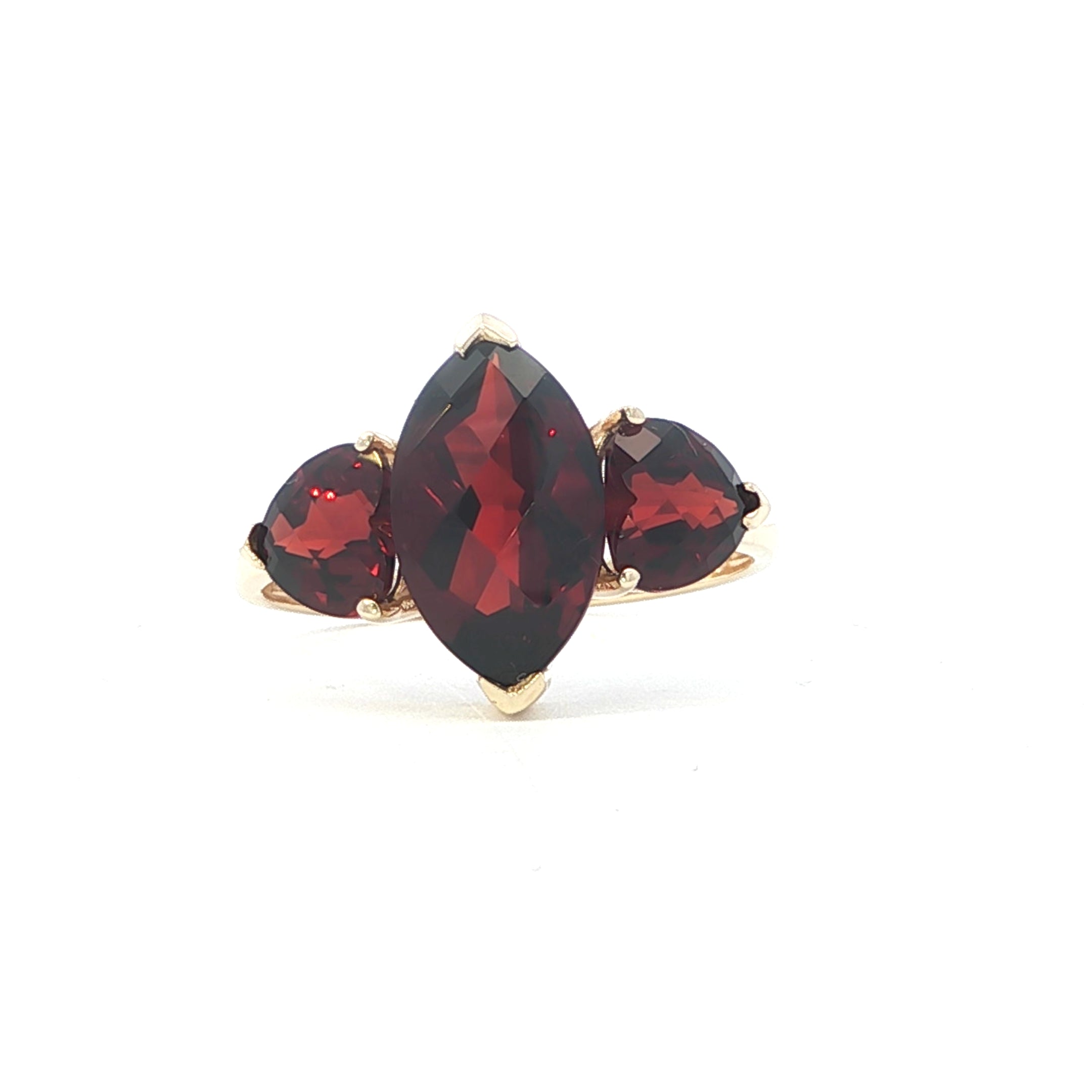 Estate Collection: 10K Yellow Gold 4CTW. Marquise & Heart Garnet 3-Stone Fashion Ring