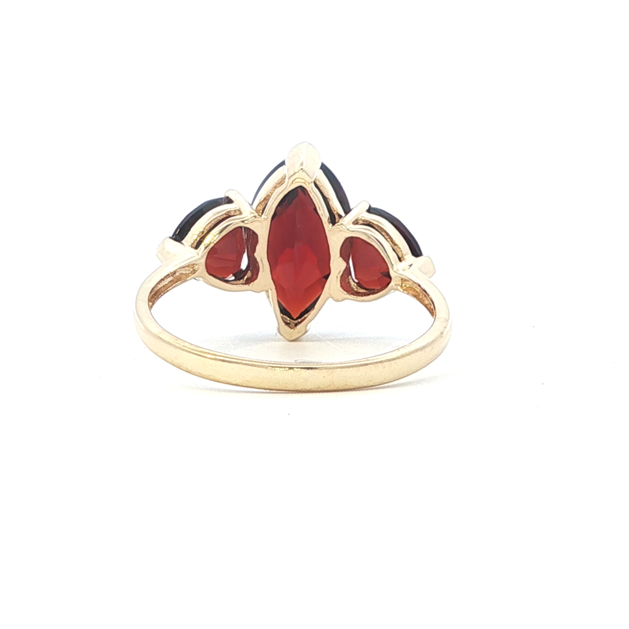 Estate Collection: 10K Yellow Gold 4CTW. Marquise & Heart Garnet 3-Stone Fashion Ring
