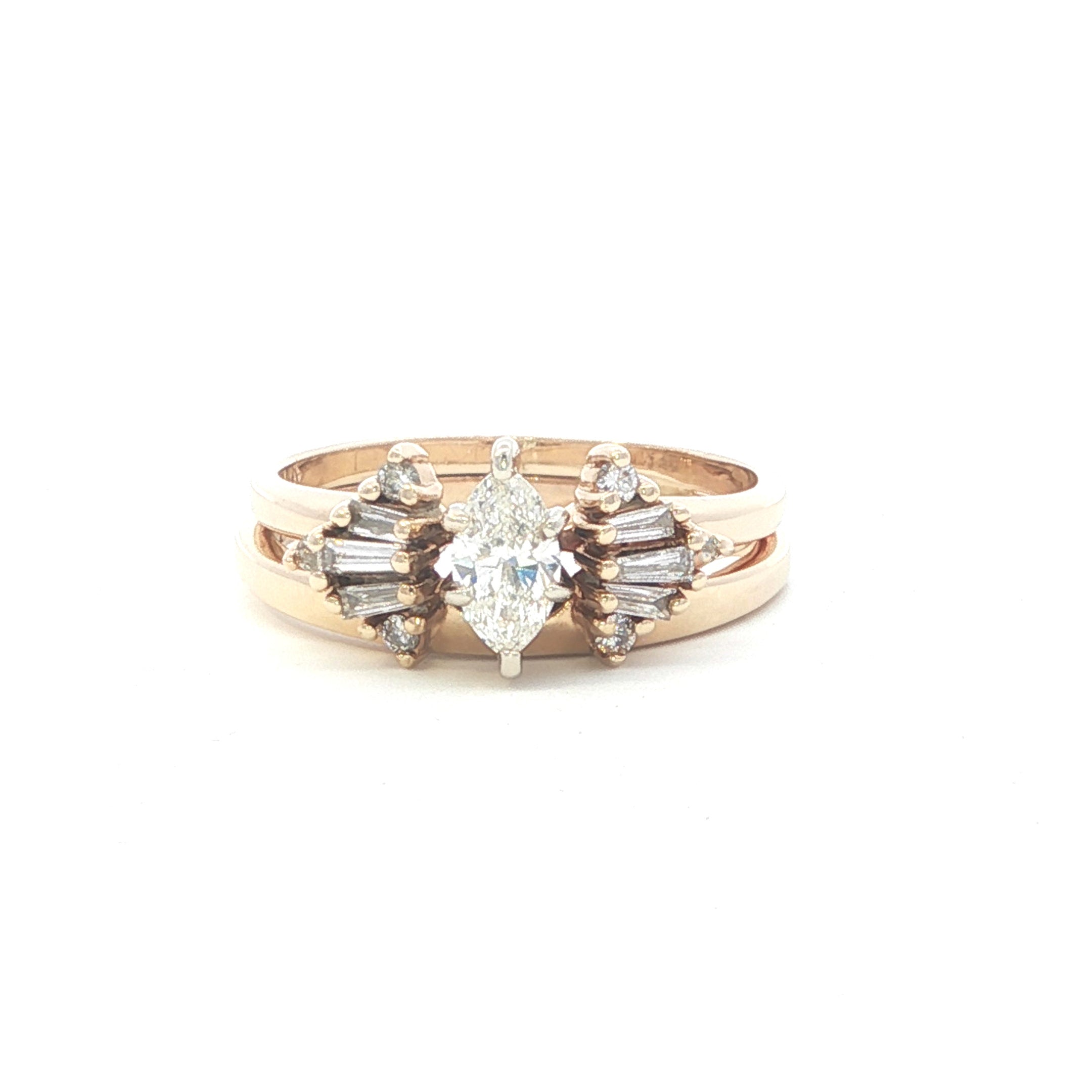 Estate Collection: 14K Yellow Gold 0.4CTW. Marquise Diamond Engagement Ring & Baguette Diamond Enhancer Wedding Set