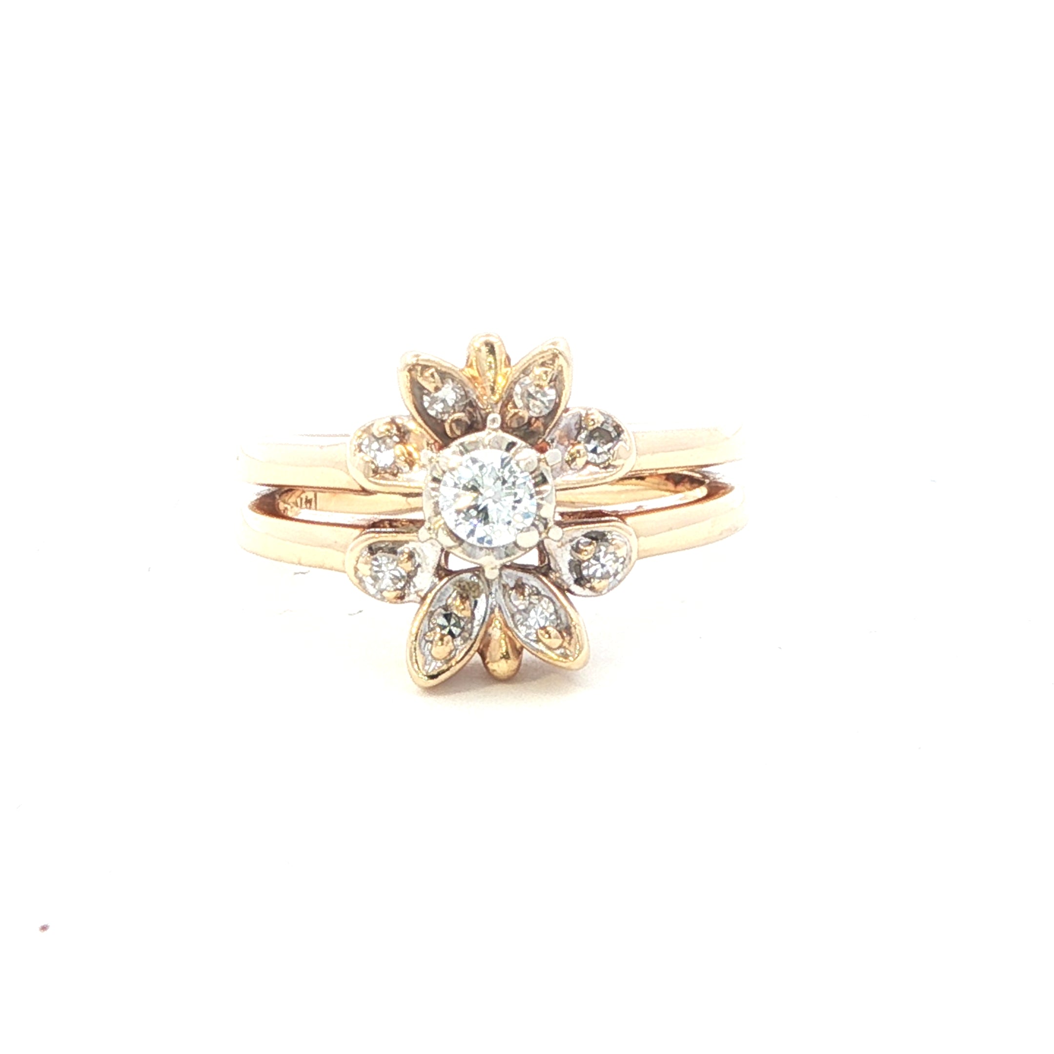 Estate Collection: 14K Yellow Gold 1/4CTW. Round Center Floral Style Engagement Ring & Enhancer Ring Soldered Set