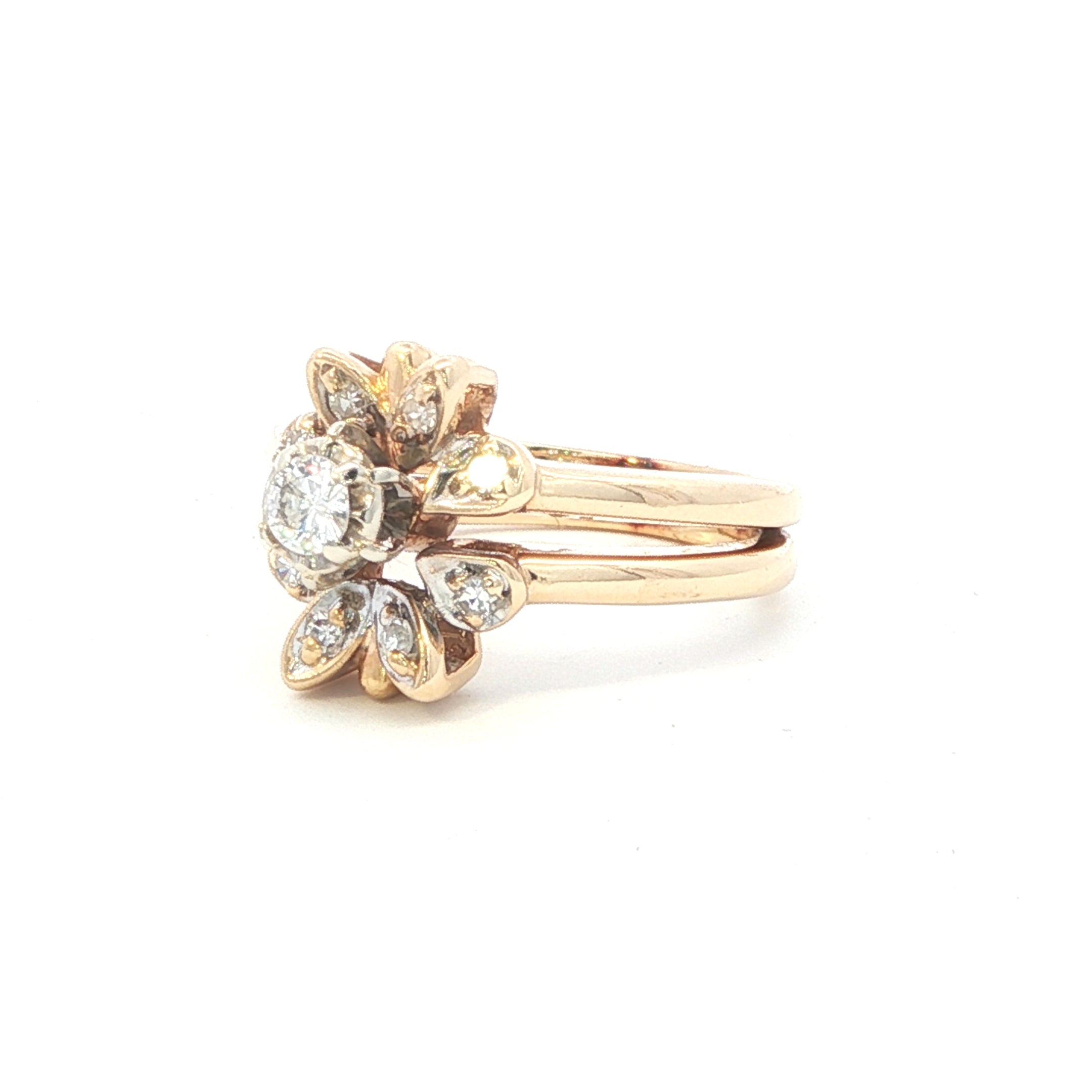 Estate Collection: 14K Yellow Gold 1/4CTW. Round Center Floral Style Engagement Ring & Enhancer Ring Soldered Set