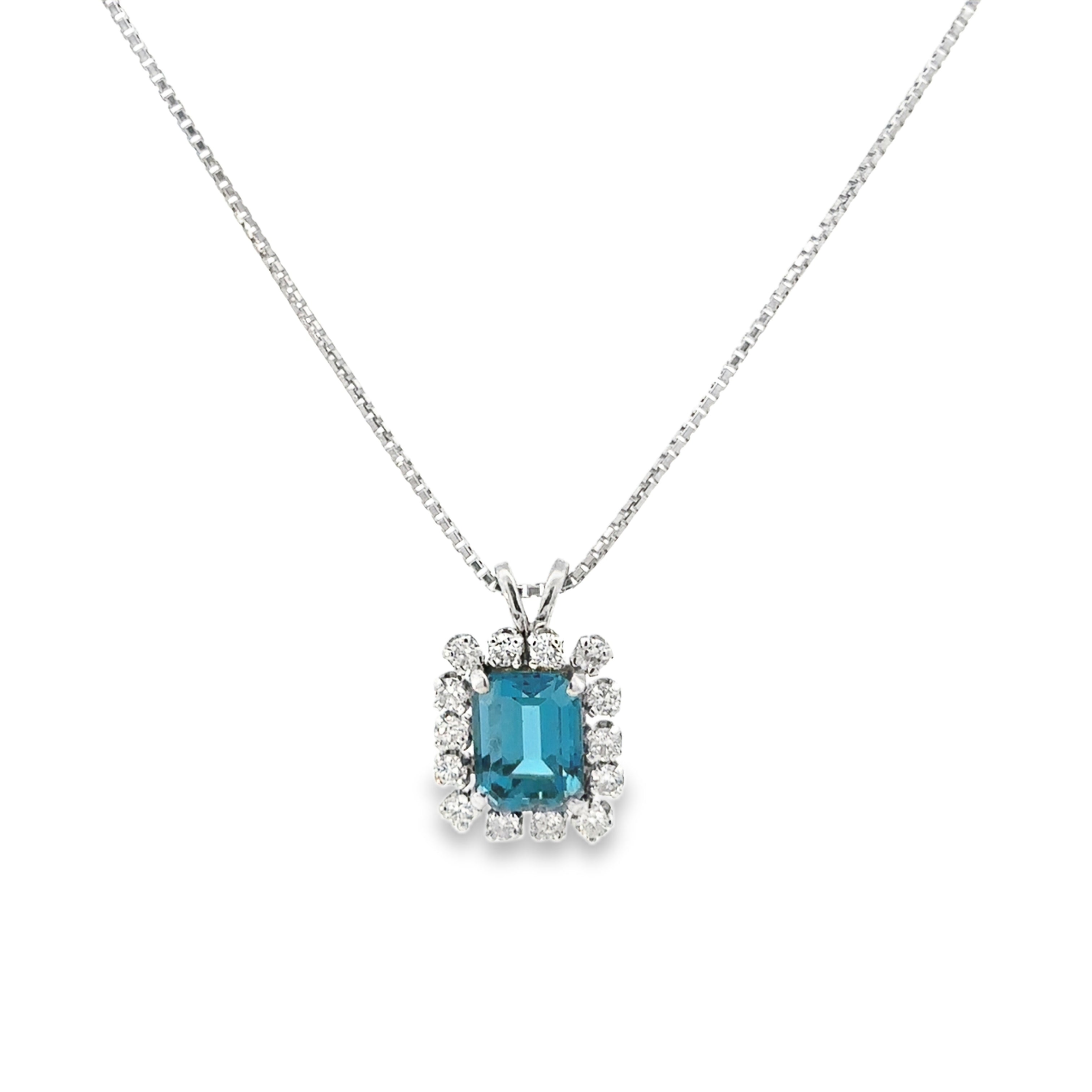 Estate Collection: 14K White Gold Emerald-Cut Blue Topaz & Diamond Halo Pendant Necklace
