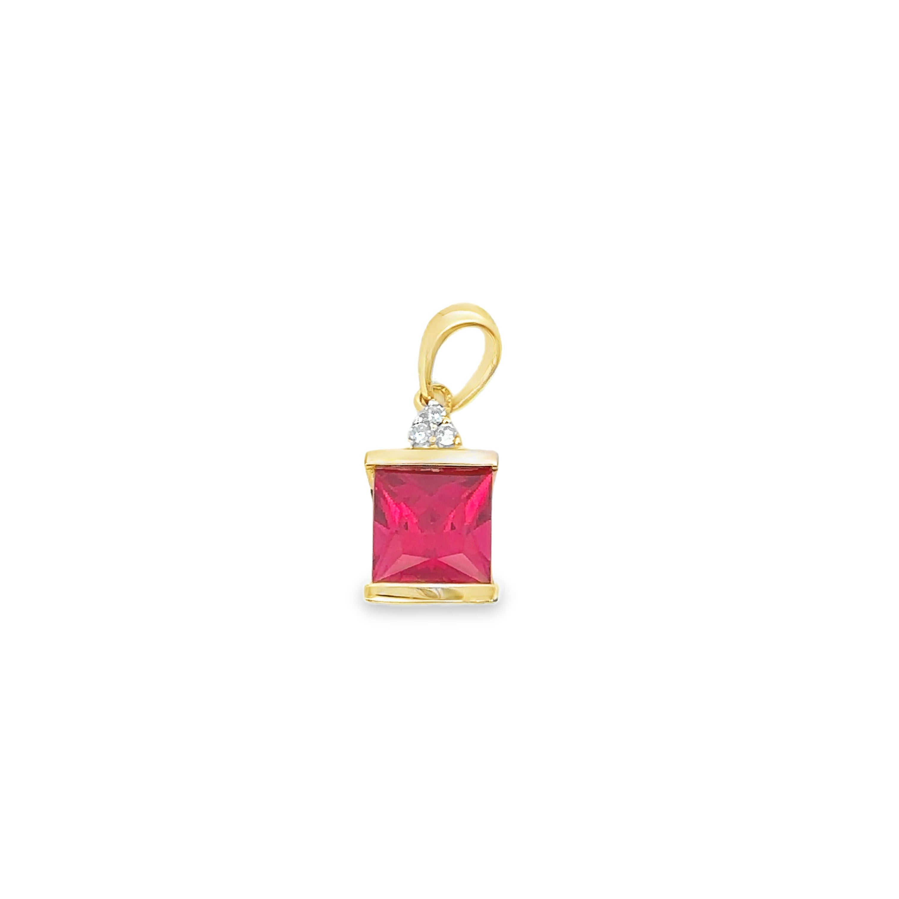 Estate Collection: 10K Yellow Gold Princess-Cut Red Stone Half-Bezel Pendant With Accent Stones