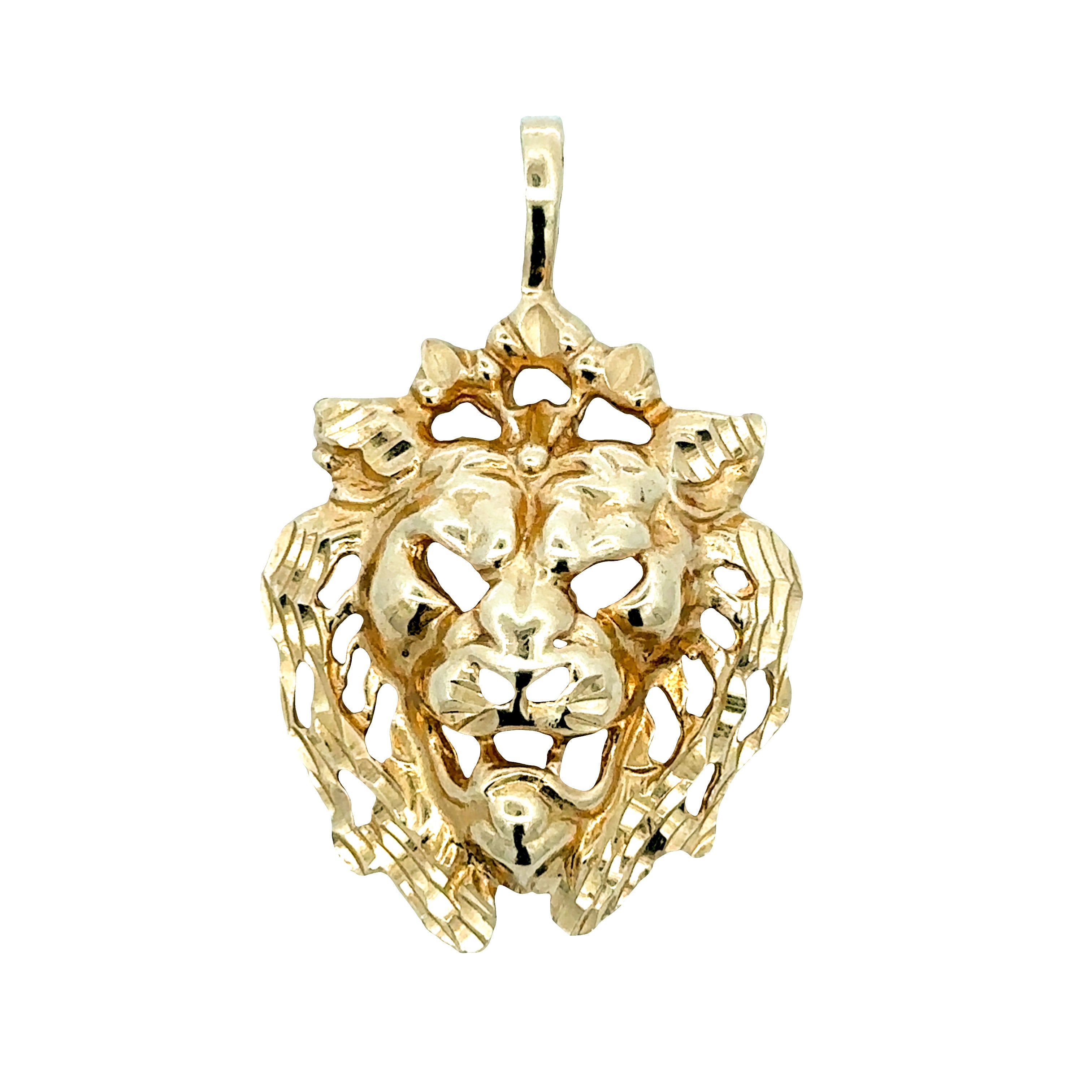 A gold lion head pendant with an intricate openwork design and a polished bail at the top, shown against a plain white background.