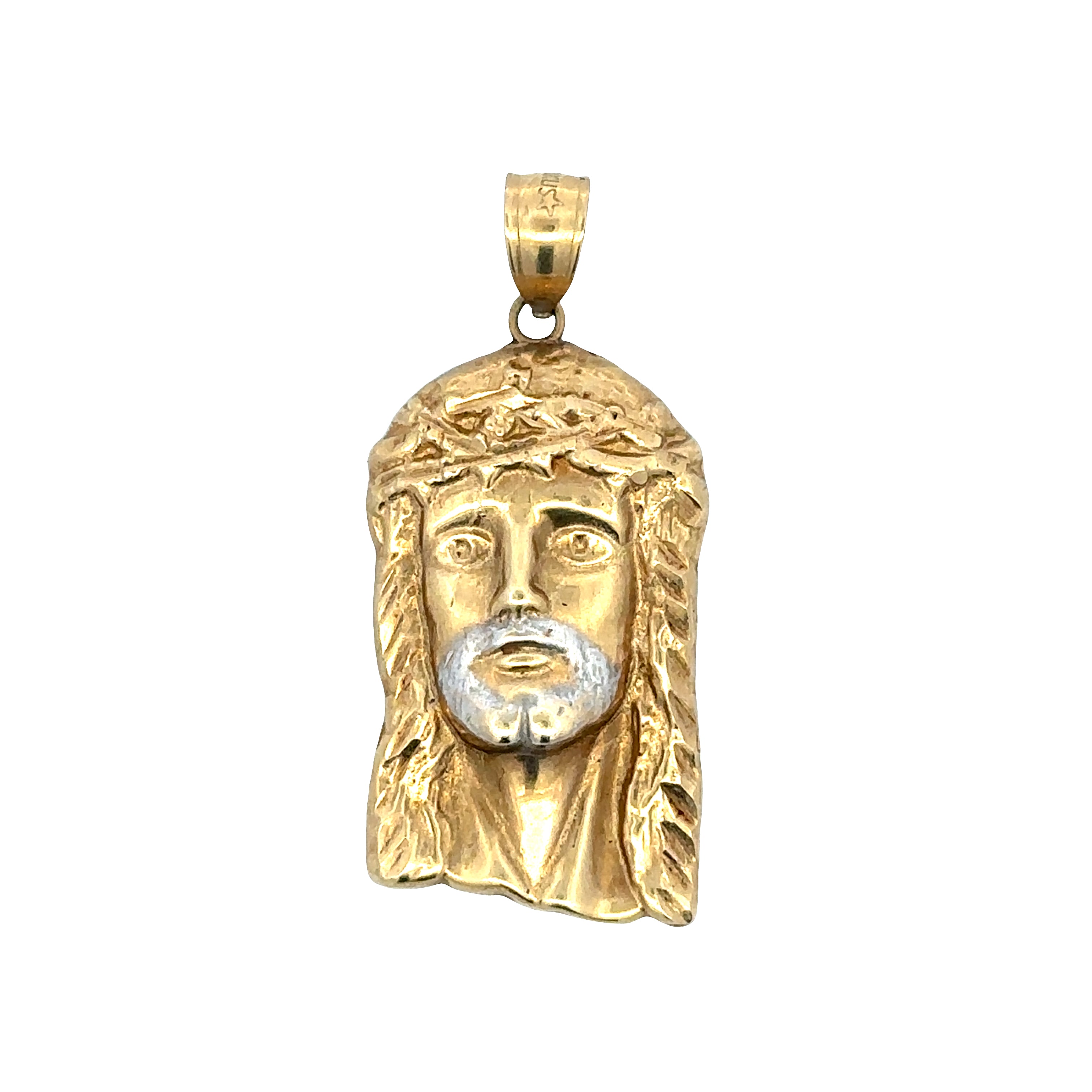 A gold pendant featuring a detailed relief of Jesus Christ's face with a crown of thorns, shown on a plain white background.