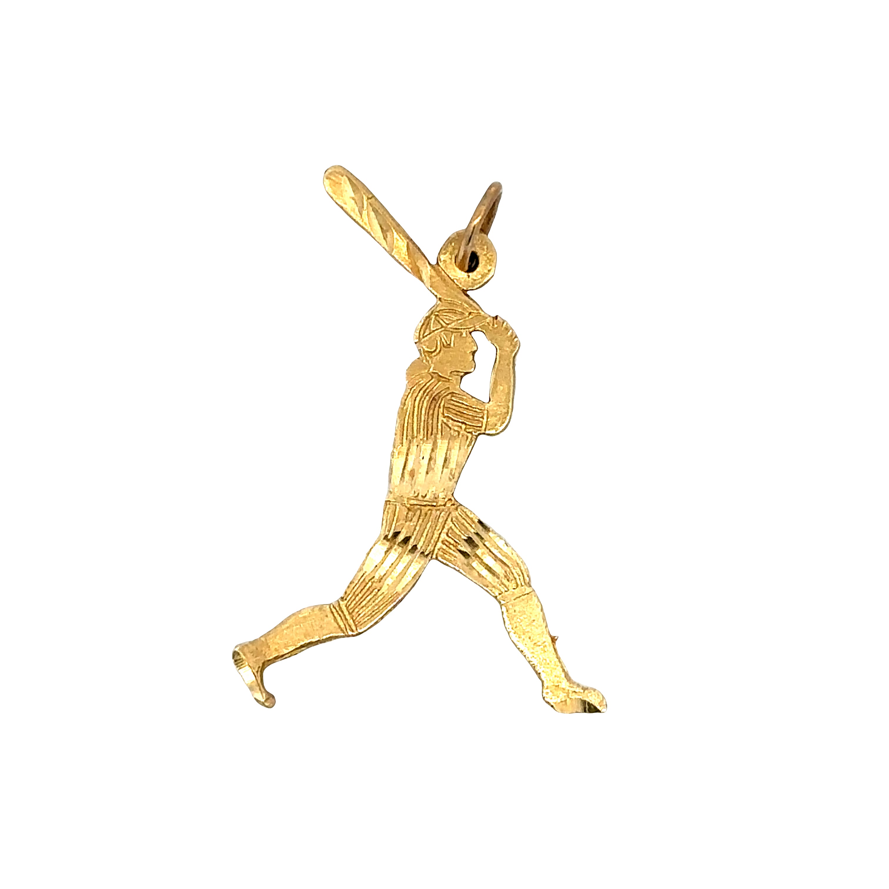 A gold baseball player charm in a running batting pose, shown on a plain white background.