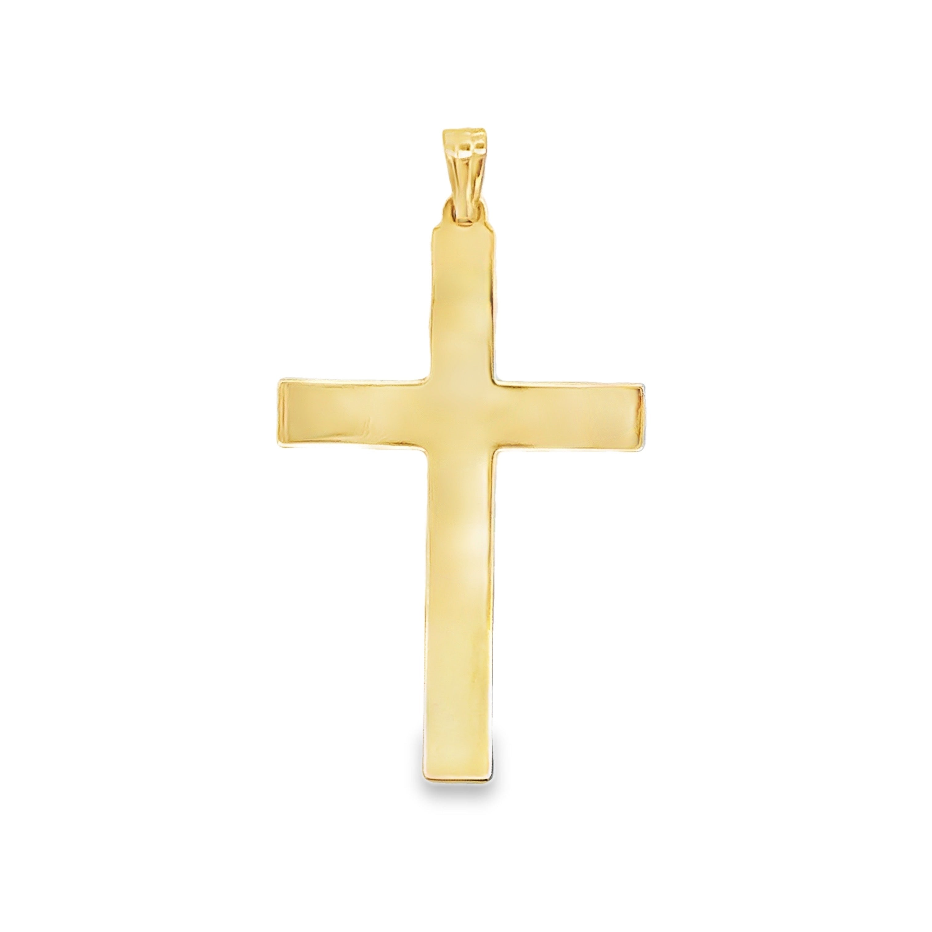 A polished yellow gold cross pendant with a smooth, flat surface and a top bail, shown against a plain white background.