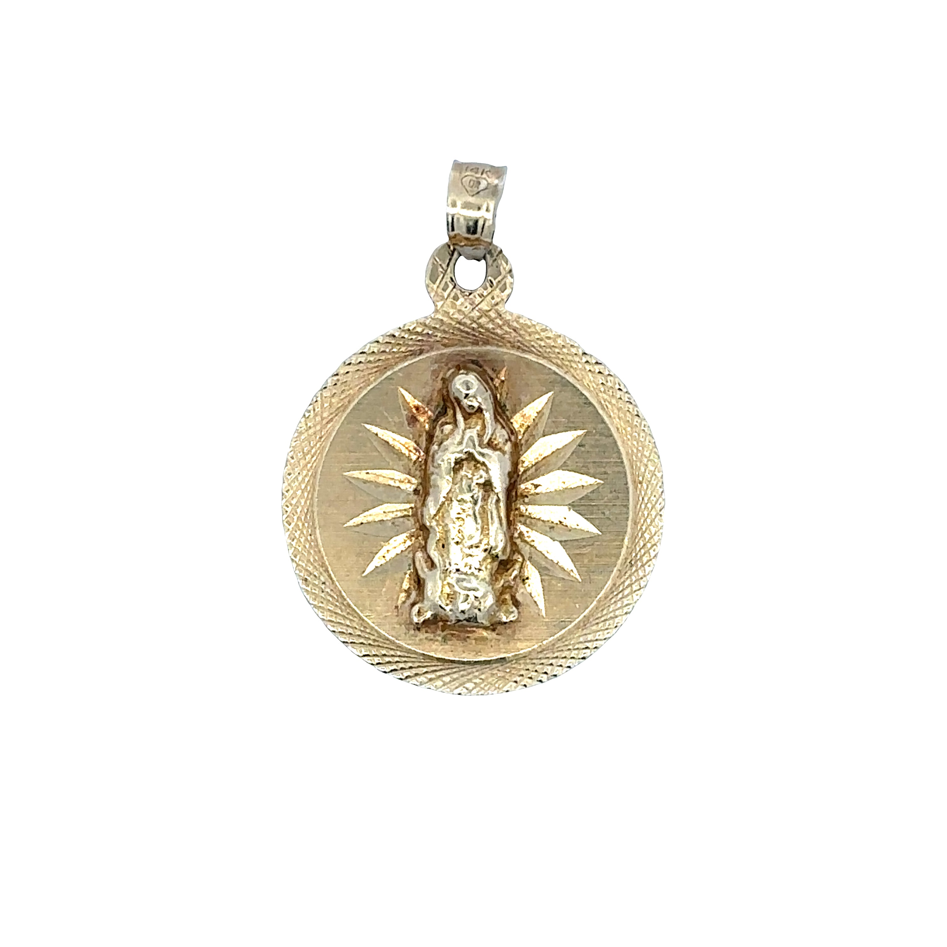 A round gold pendant featuring a relief of Our Lady of Guadalupe surrounded by rays, set against a plain white background.