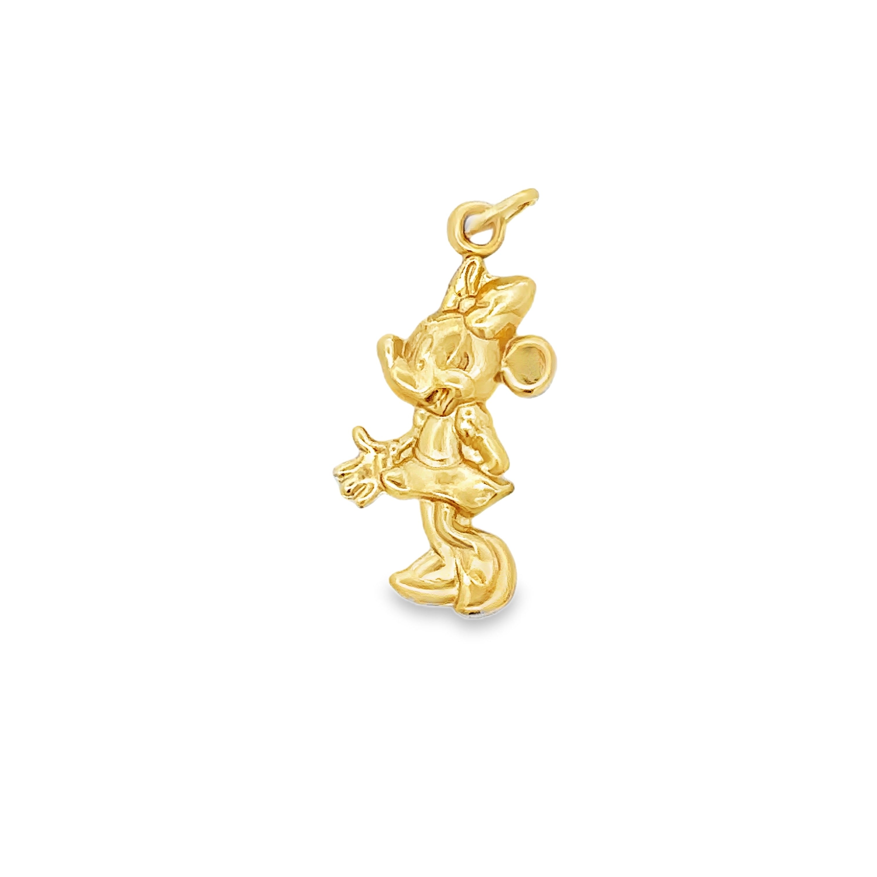 A polished yellow gold charm shaped like Minnie Mouse, shown on a clean white background.