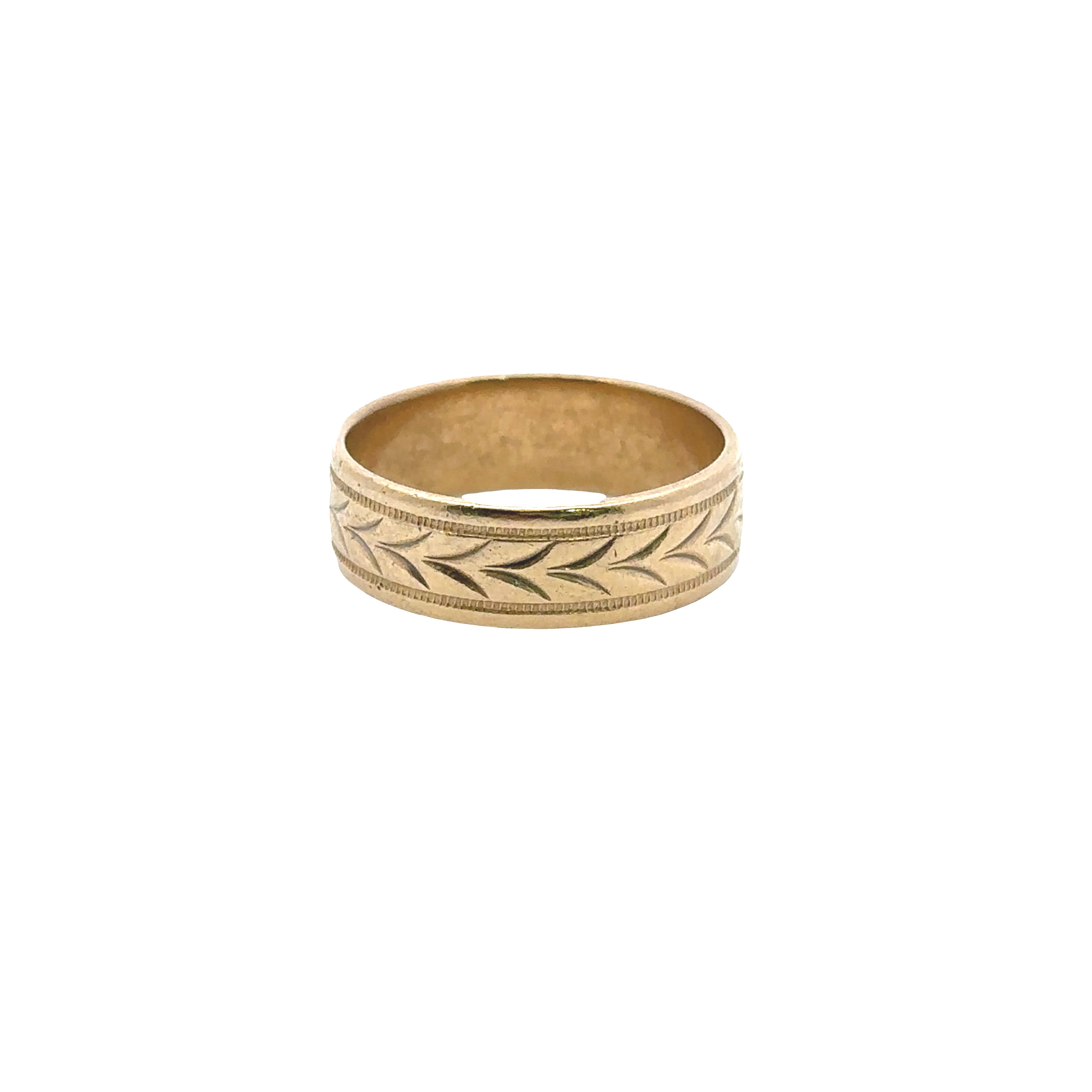 A gold band ring with an engraved leaf pattern on the outer surface, shown against a plain white background.
