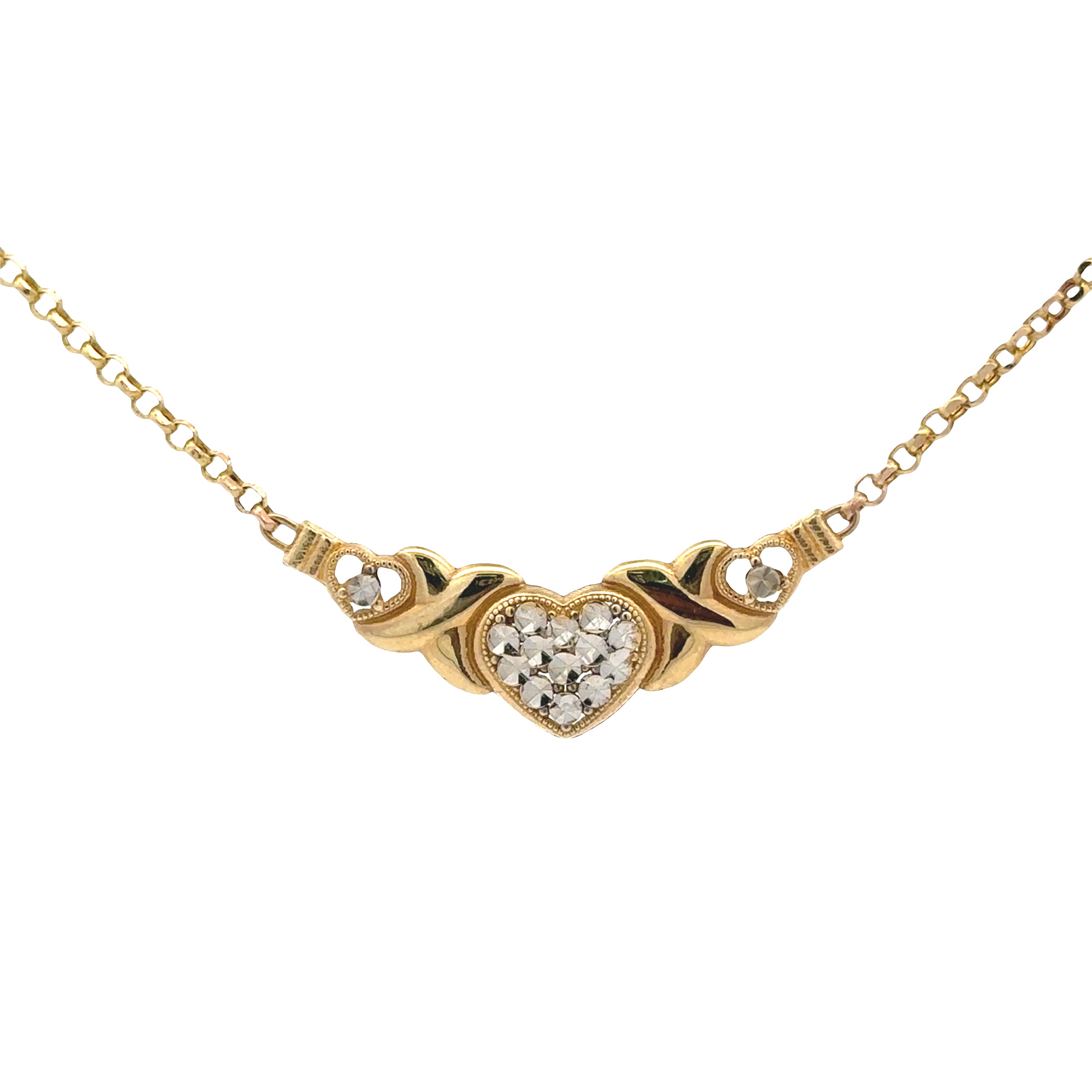 A gold heart pendant necklace featuring a central cluster of clear gemstones, flanked by decorative gold elements and a delicate gold chain, shown against a plain white background.