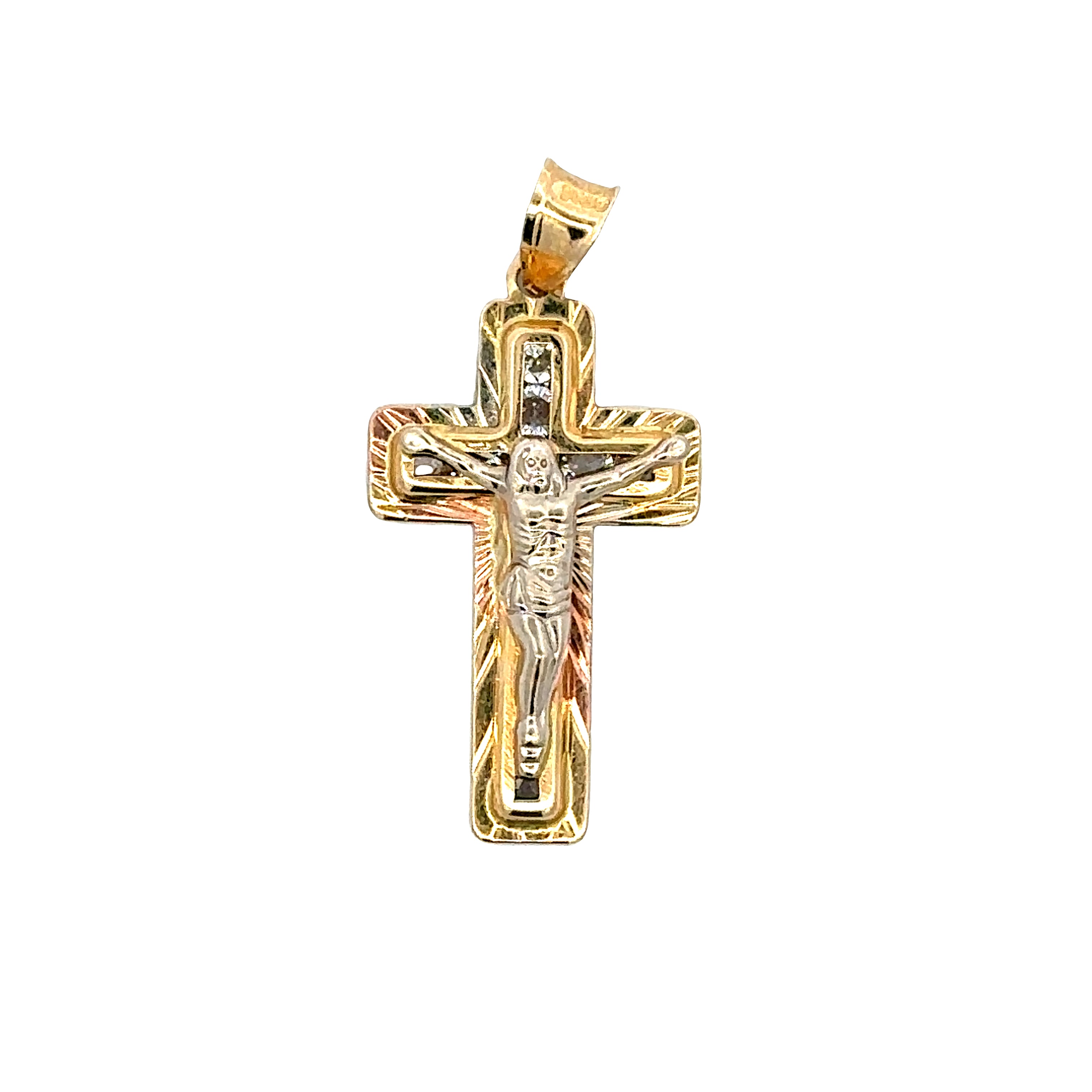 A gold and silver-tone crucifix pendant with a detailed figure of Jesus on a textured cross, shown against a plain white background.