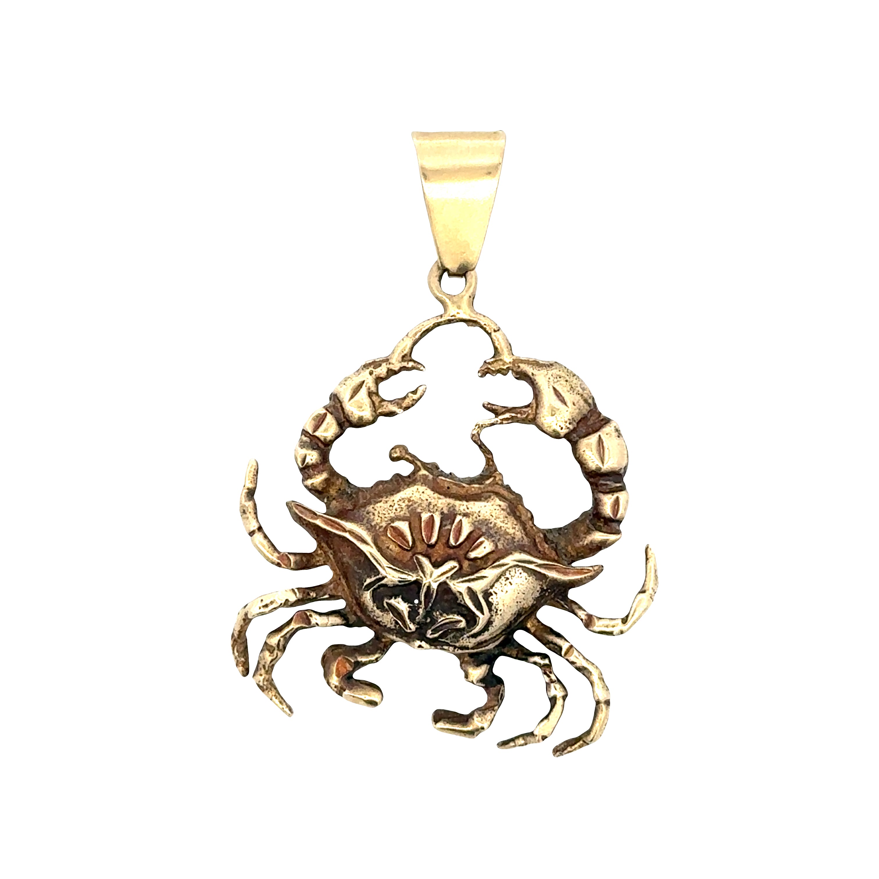 A gold-toned lobster claw crab pendant with an oxidized dark finish, featuring a bail at the top, shown against a plain white background.