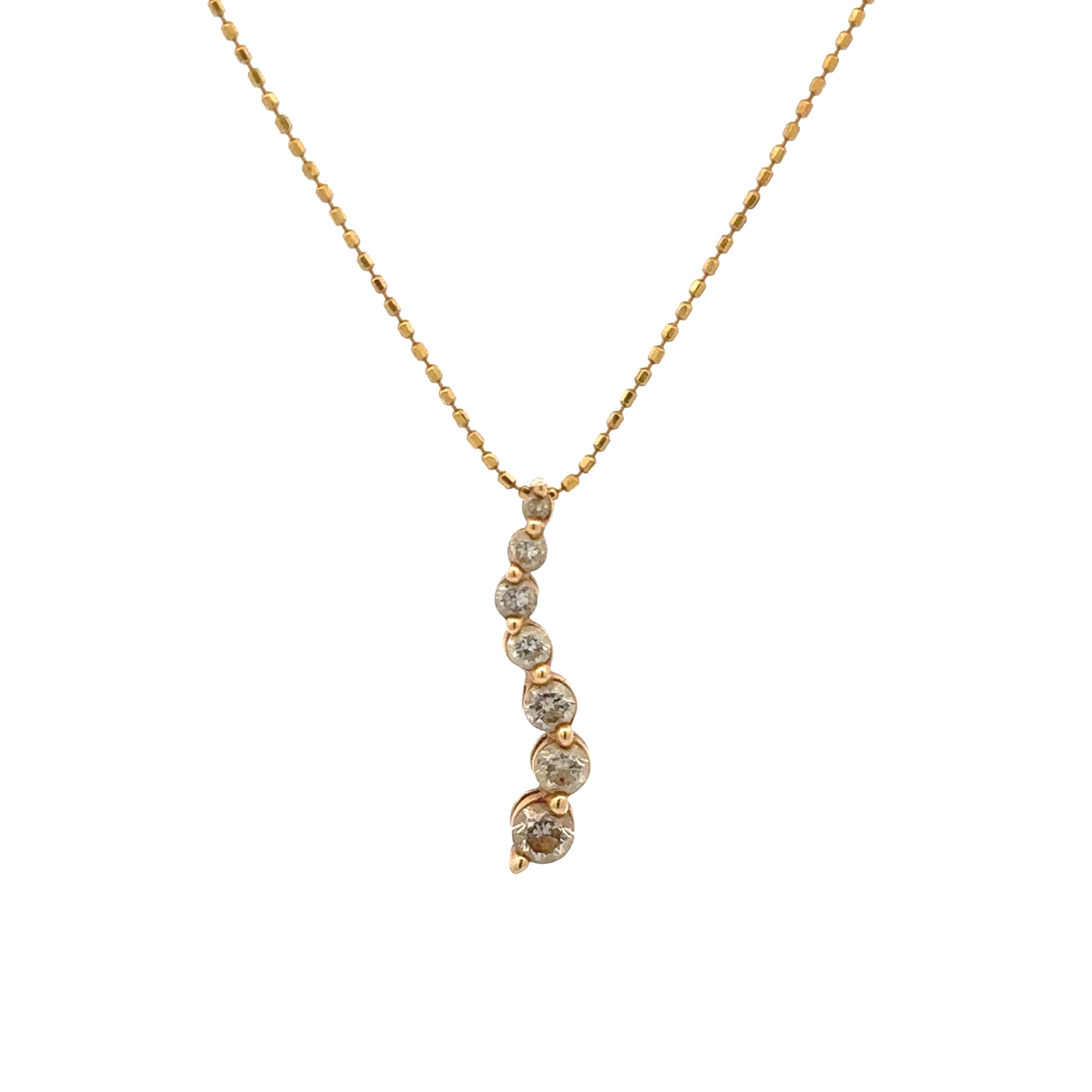 A gold chain necklace with a vertical drop pendant featuring five graduated round-cut clear stones in gold settings, shown against a plain white background.