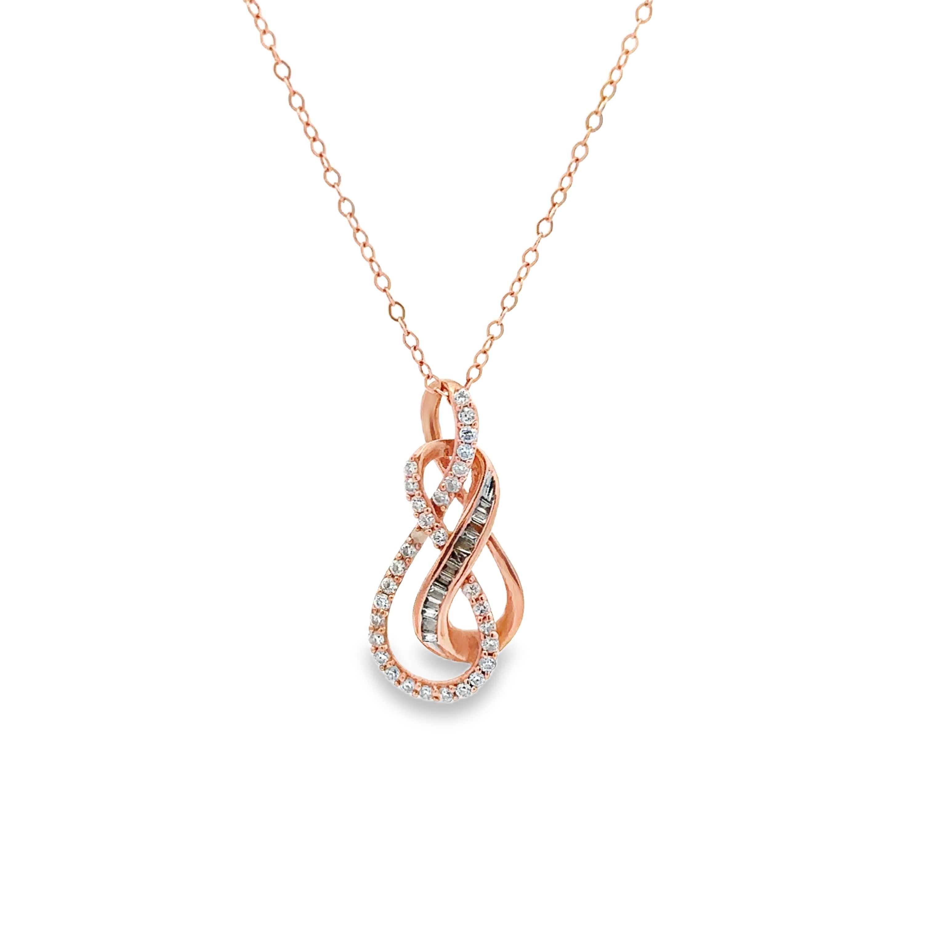 A rose gold necklace with a double-loop pendant studded with small clear gemstones, shown against a plain white background.