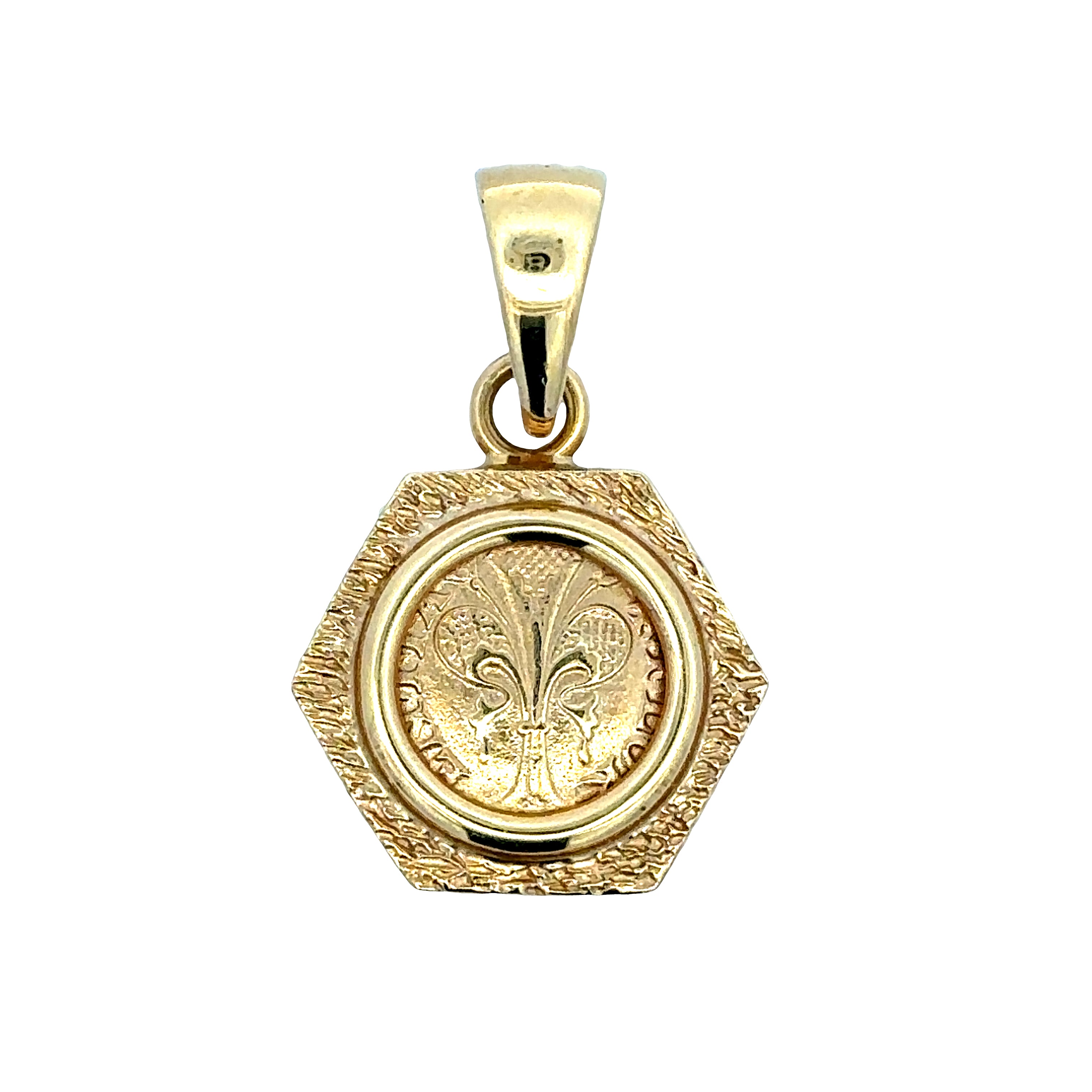 A gold pendant featuring a hexagonal design with a textured outer border and a circular center engraved with a fleur-de-lis motif, shown on a plain white background.