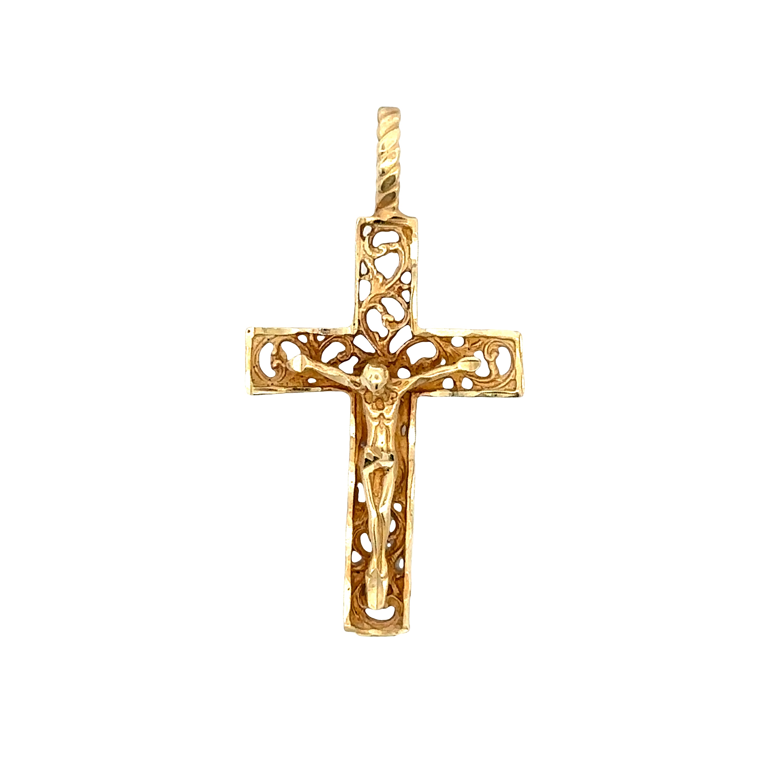 A gold filigree crucifix pendant featuring an openwork design with a detailed figure of Jesus on the cross, set against a plain white background.