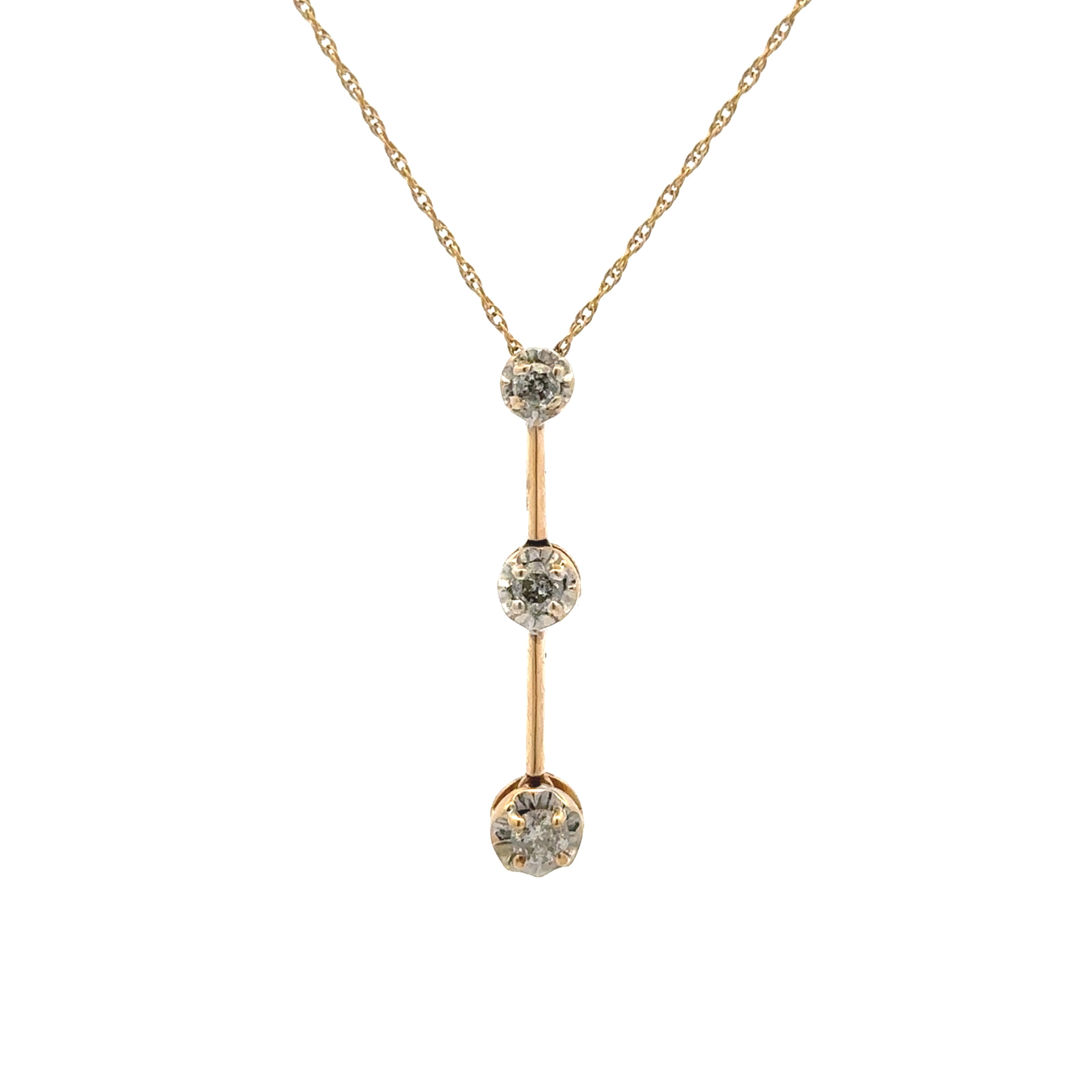 A delicate gold Y-necklace featuring three vertically aligned round-cut clear gemstones, set against a solid white background.