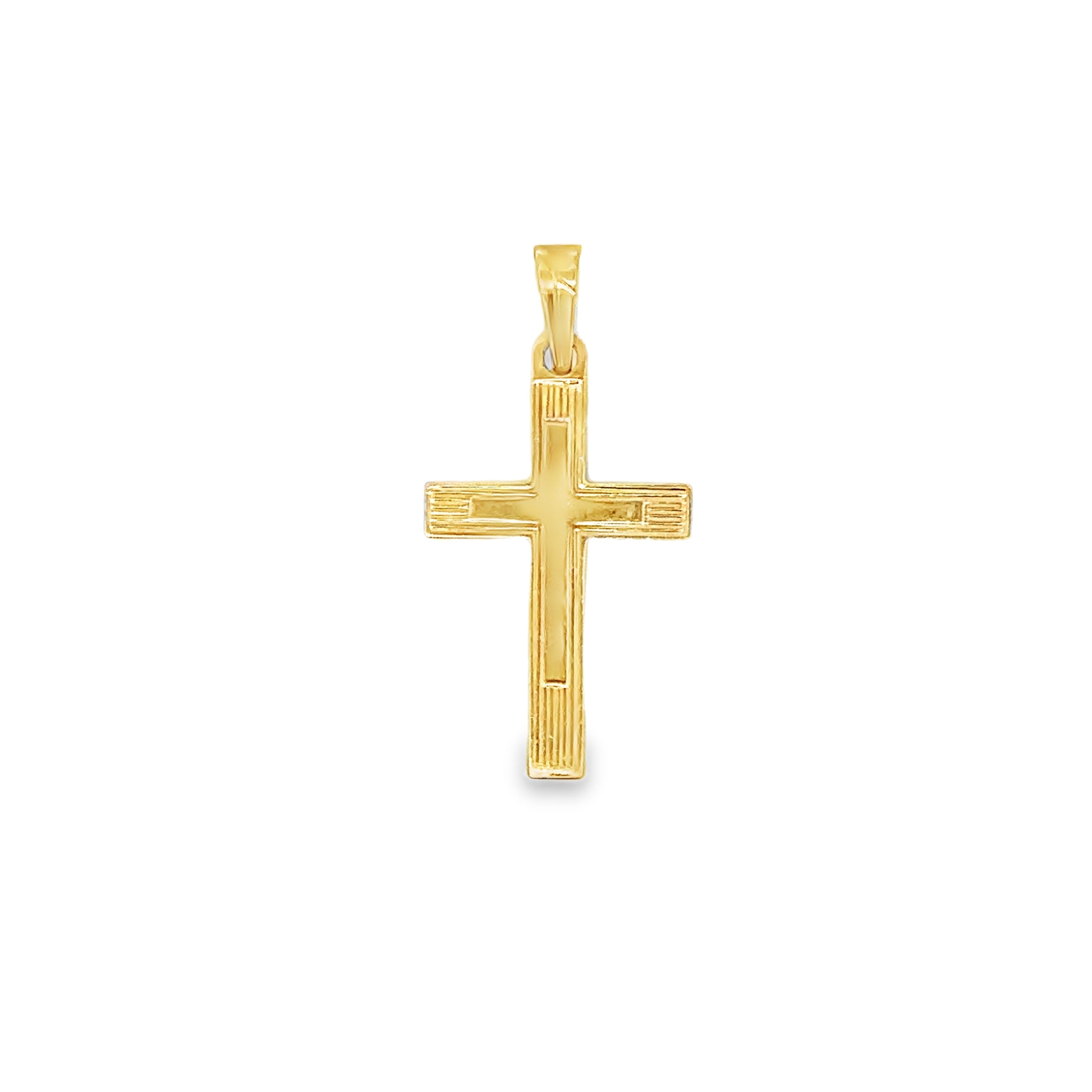 A small gold cross pendant with a textured, engraved surface and a polished bail at the top, shown against a plain white background.
