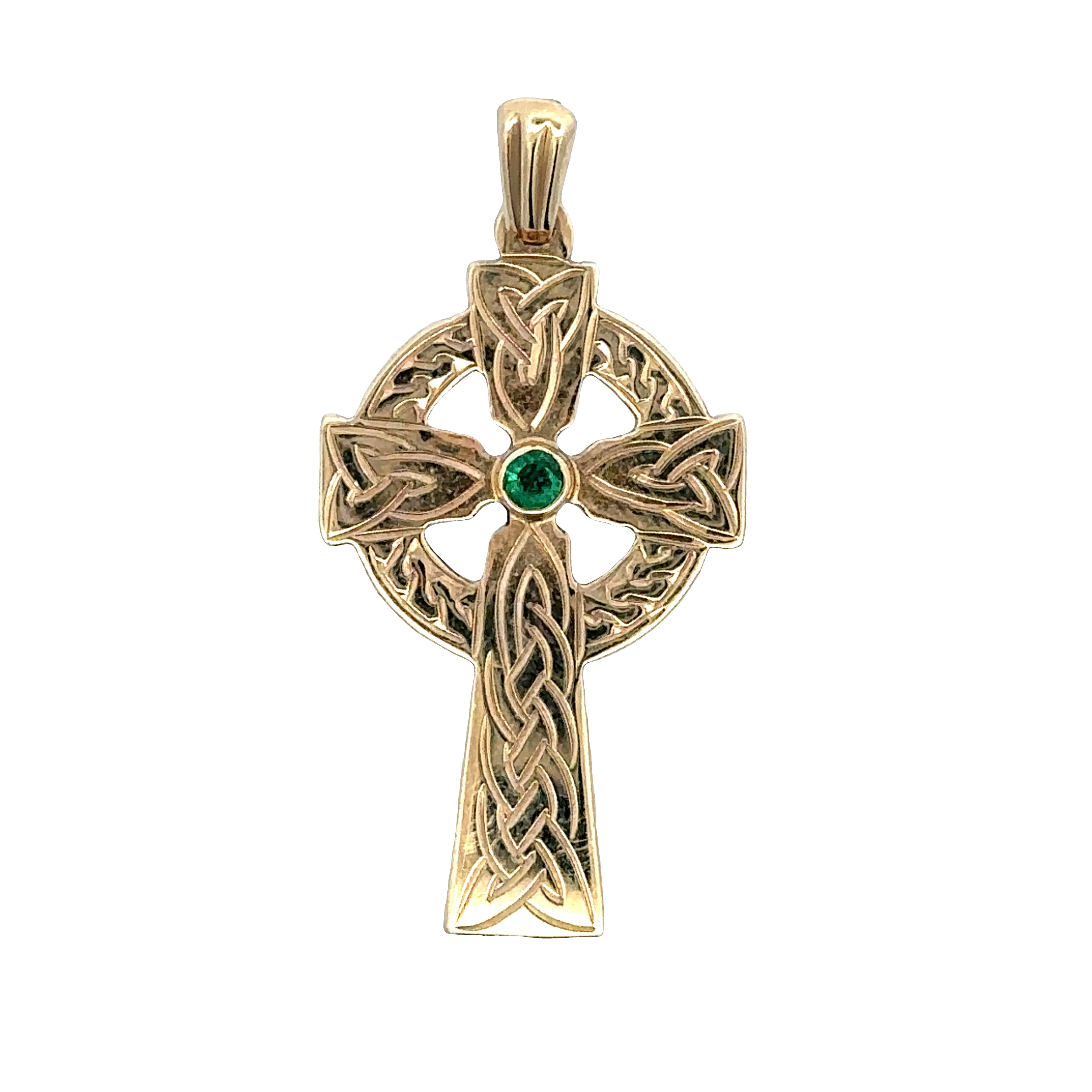 A gold Celtic cross pendant featuring intricate knotwork designs and a small green gemstone at the center, shown against a plain white background.