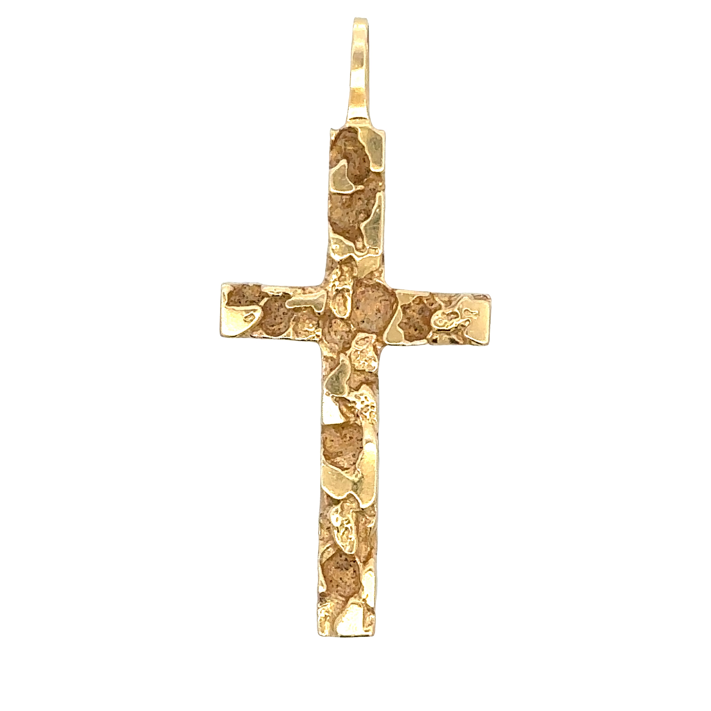 A textured yellow gold cross pendant with a hammered, organic pattern and a small top loop, shown against a plain white background.