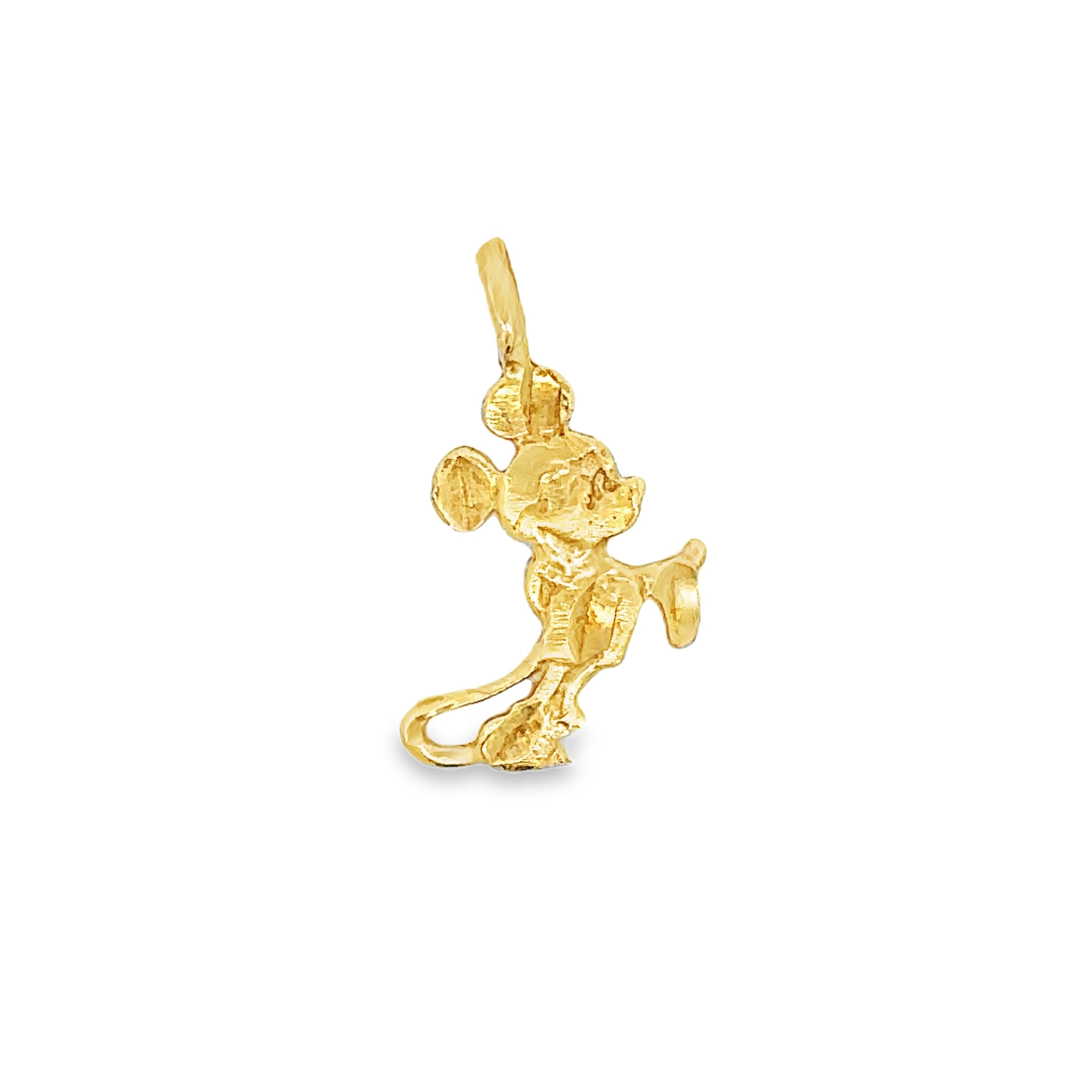 A gold Mickey Mouse charm pendant, shown in a three-quarter side profile on a plain white background.