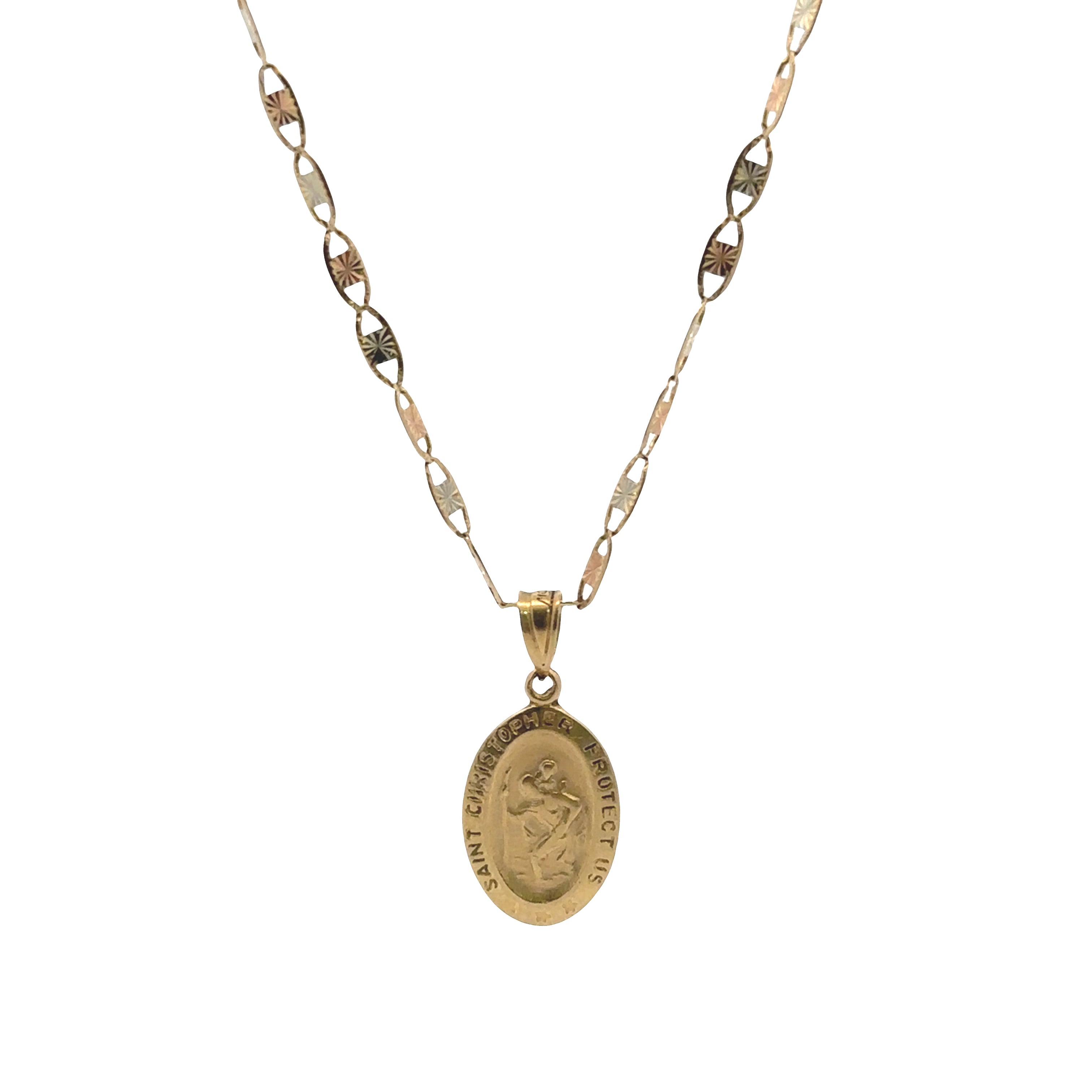 A gold Saint Christopher necklace featuring an oval pendant with an embossed figure carrying a cross, suspended from a multi-link chain on a white background.