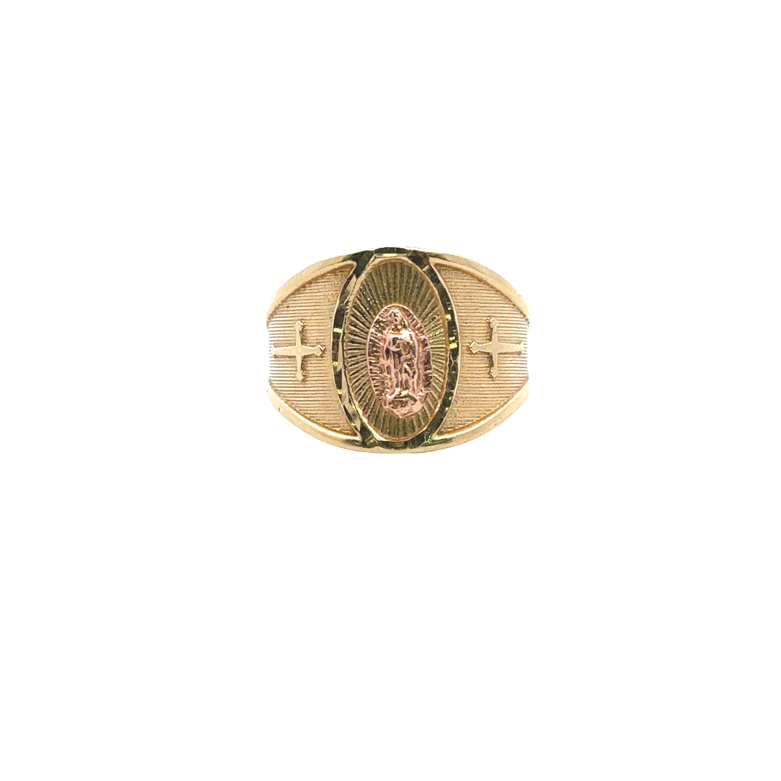 A gold signet ring featuring a central oval depiction of Our Lady of Guadalupe with a radiant halo, flanked by two small crosses on a textured gold band, set against a plain white background.