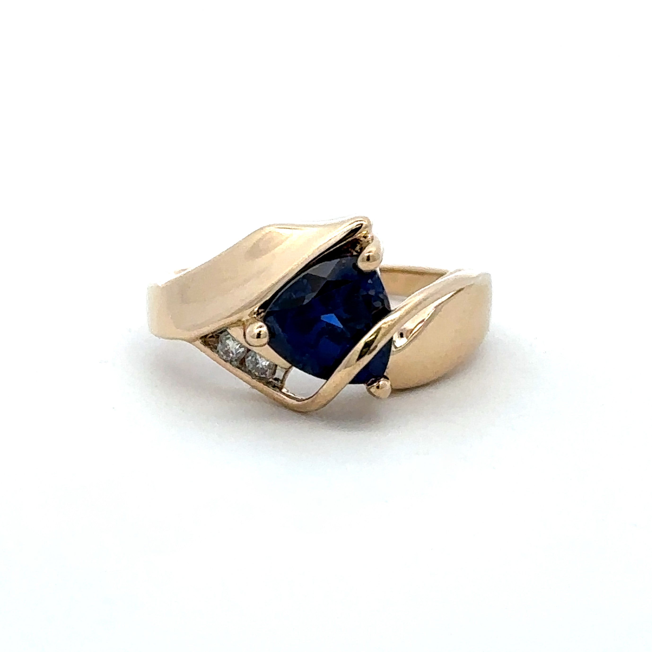 Estate Collection: 14K Yellow Gold Trillion-Cut Blue Stone and Diamond Accented Ring