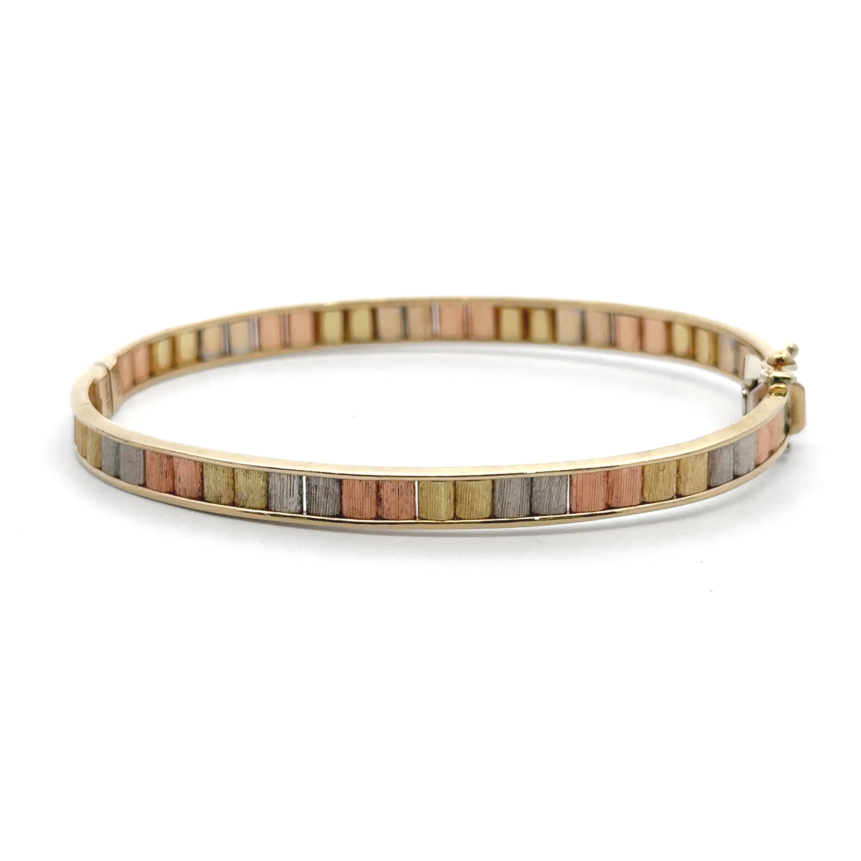 A gold-plated bangle bracelet featuring a row of rectangular wooden inlays in natural wood tones, shown on a clean white background.