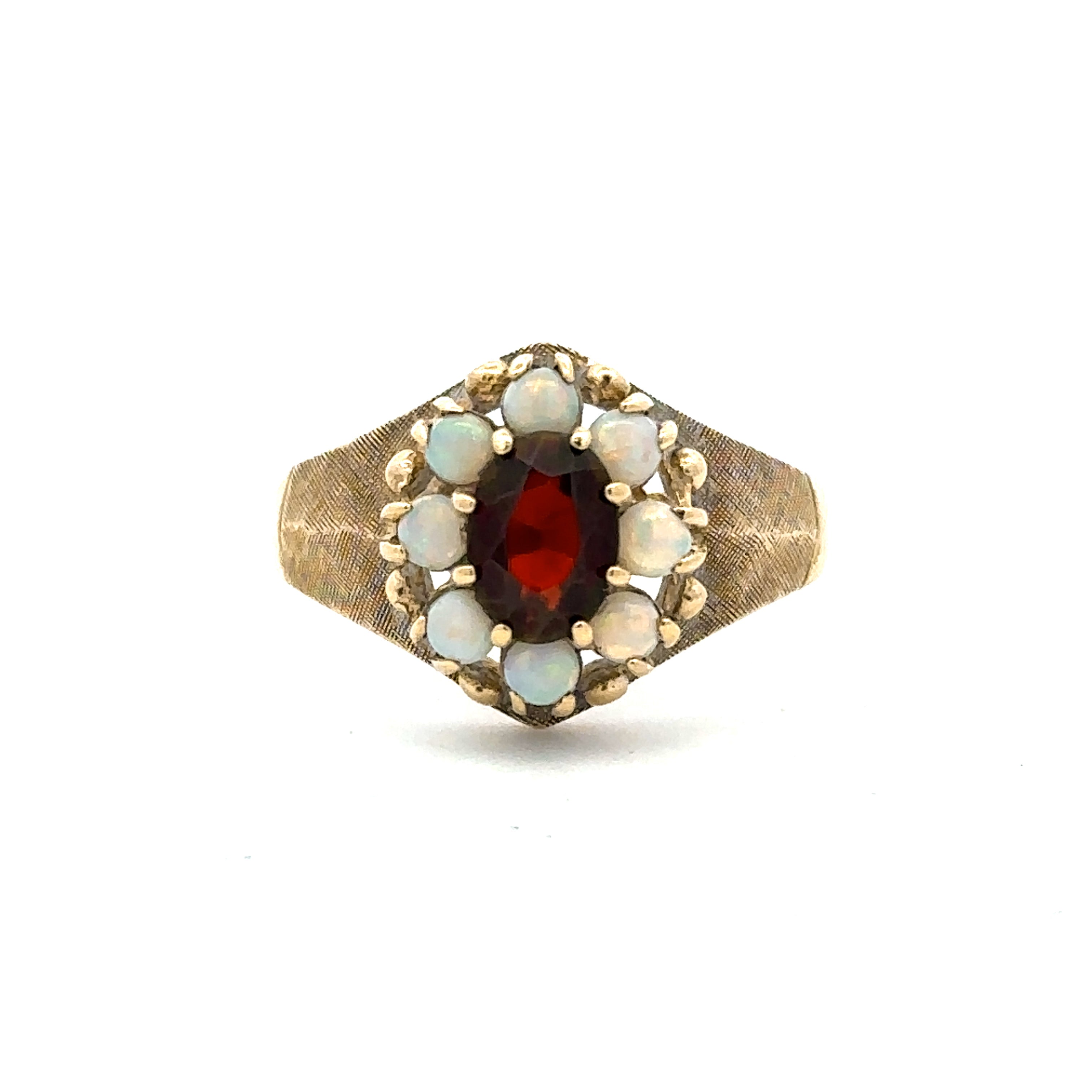 Estate Collection: 10K Yellow Gold Garnet and Opal Halo Cocktail Ring