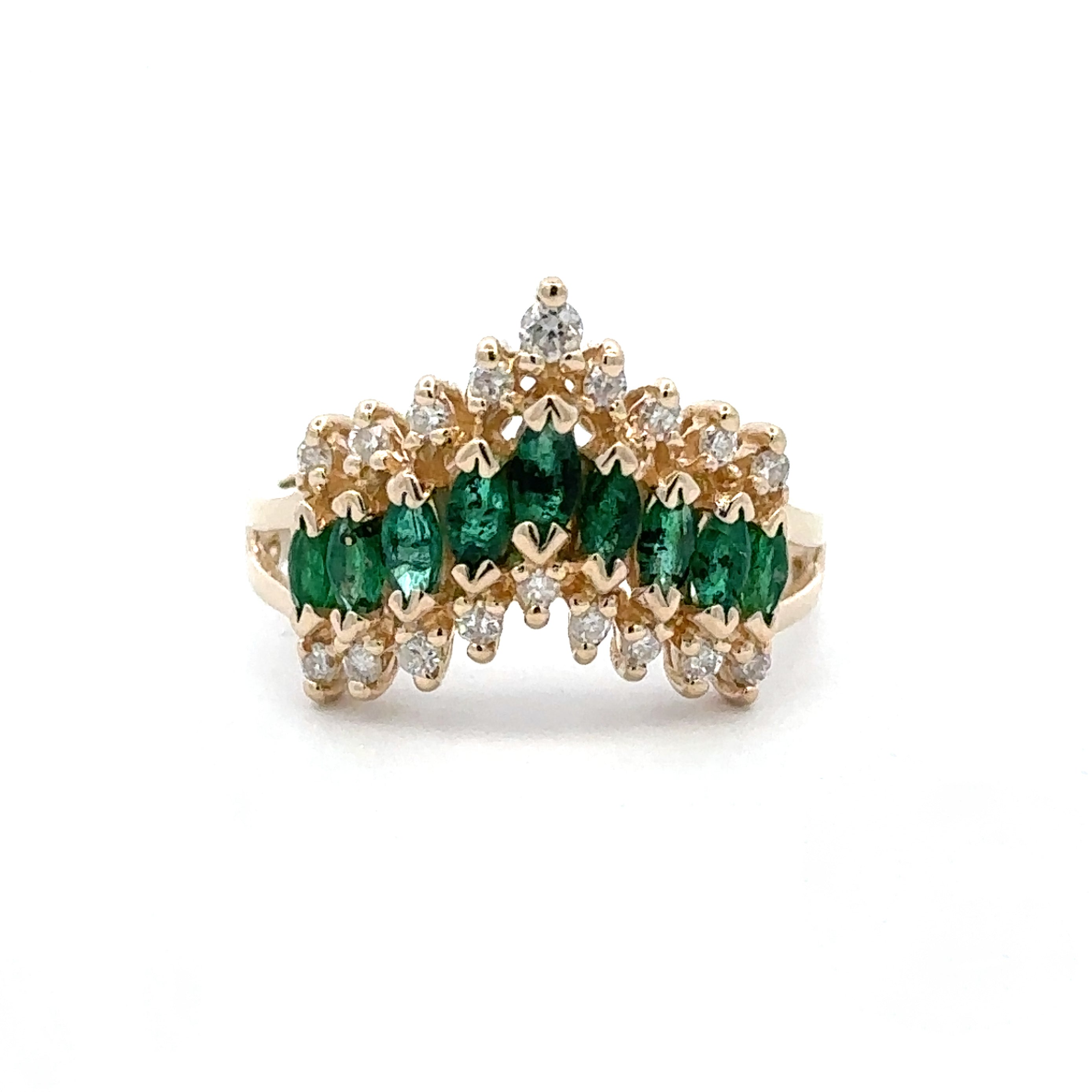 Estate Collection: 14K Yellow Gold Emerald Marquise and Diamond Cocktail Ring