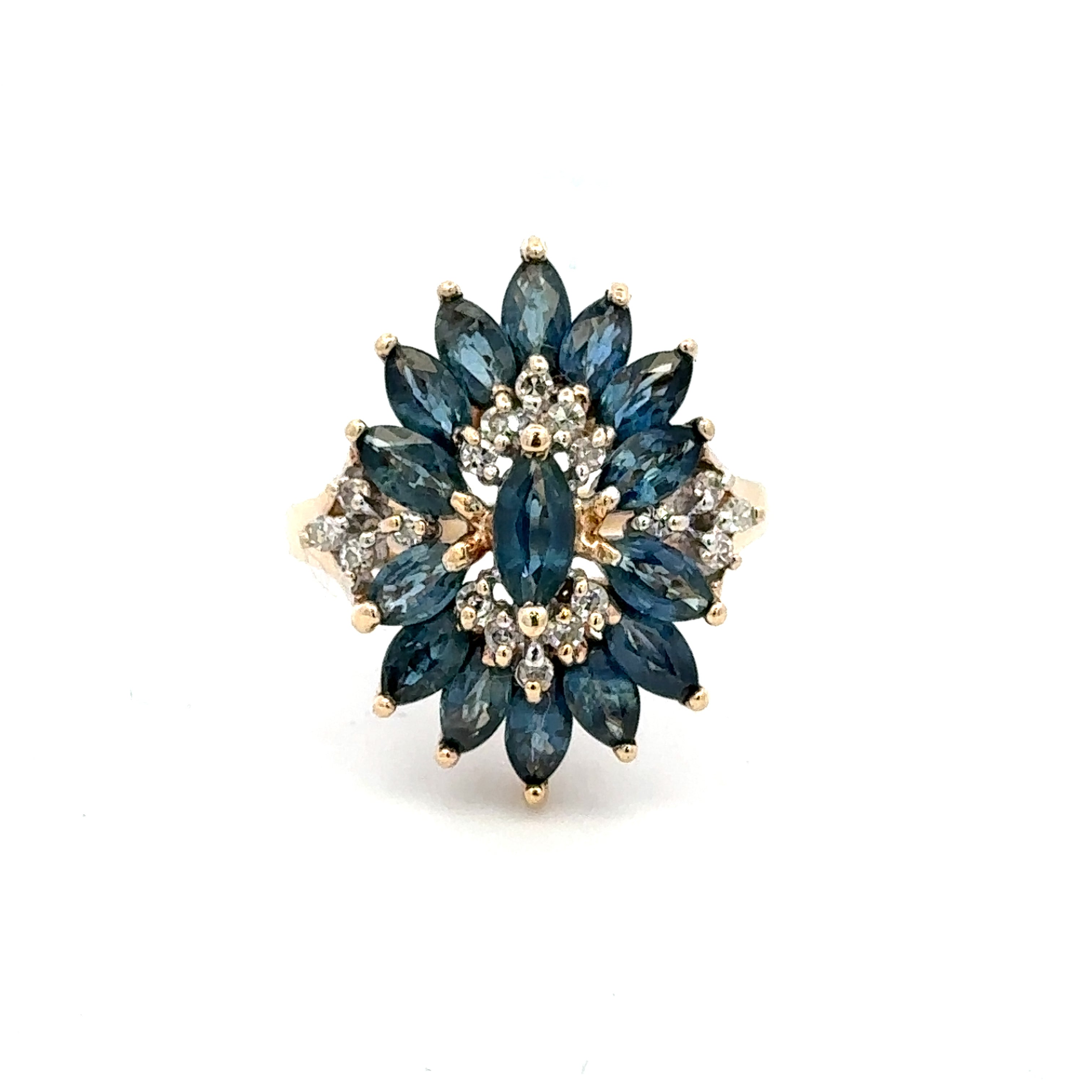Estate Collection: 14K Yellow Gold 3.15CTW. Blue Sapphire & 0.18CTW. Diamond Marquise Cocktail Ring