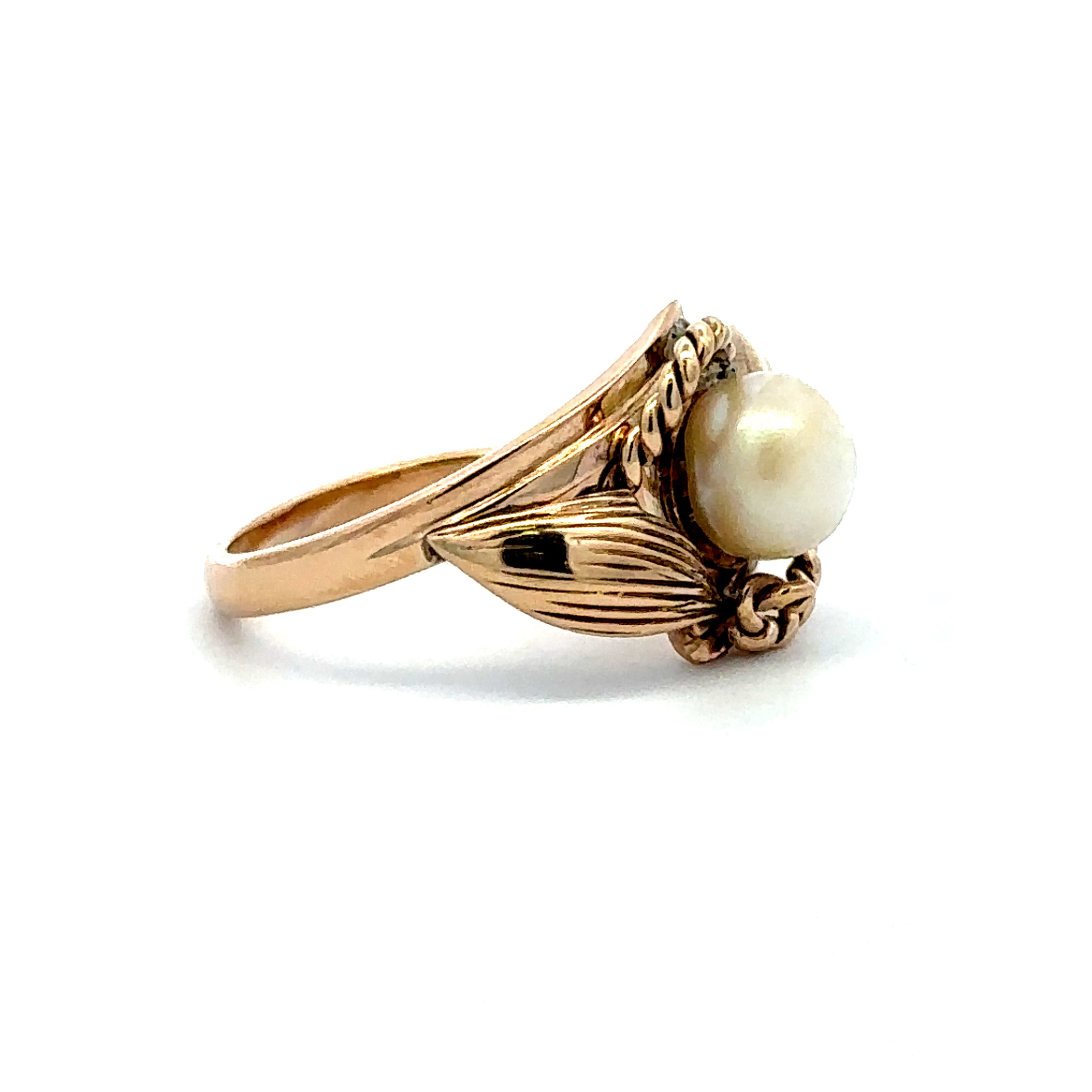 Estate Collection: 14K Yellow Gold Pearl Leaf and Rope Fashion Ring