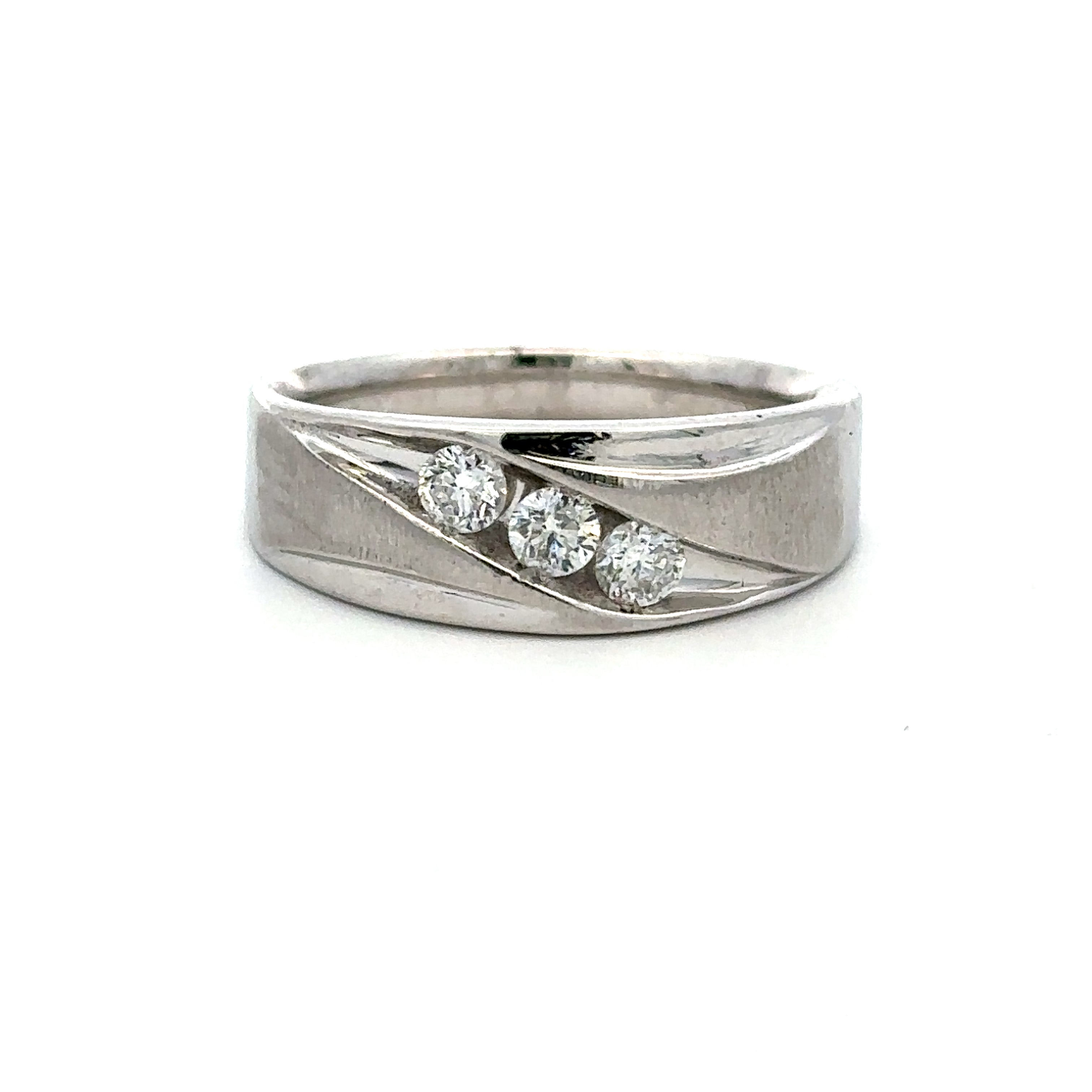 Estate Collection: 10K White Gold Swooping 3-Stone 0.45CTW. Diamond 7.7MM Tapered Men's Band
