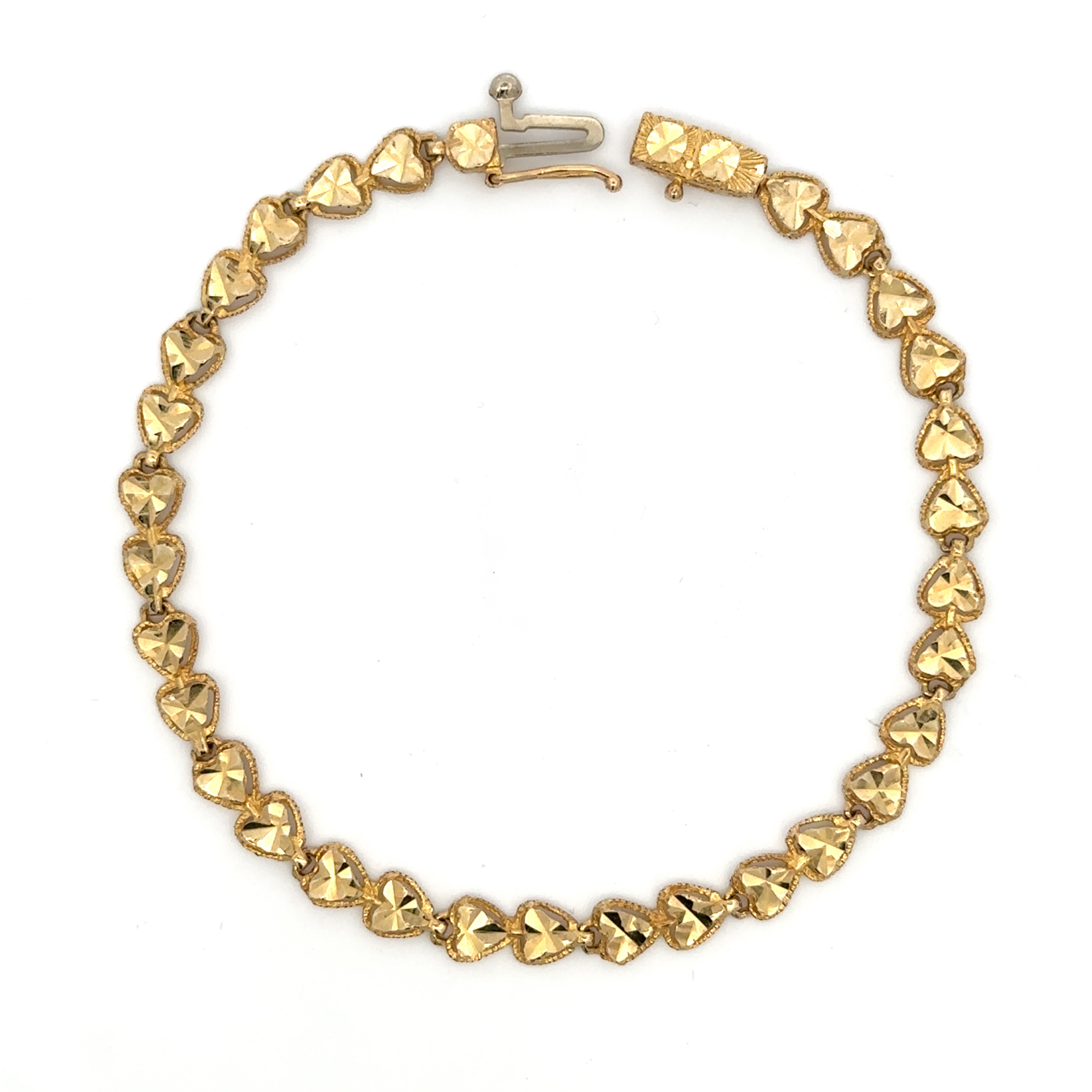 A yellow gold heart-link bracelet with a clasp, photographed on a plain white background.