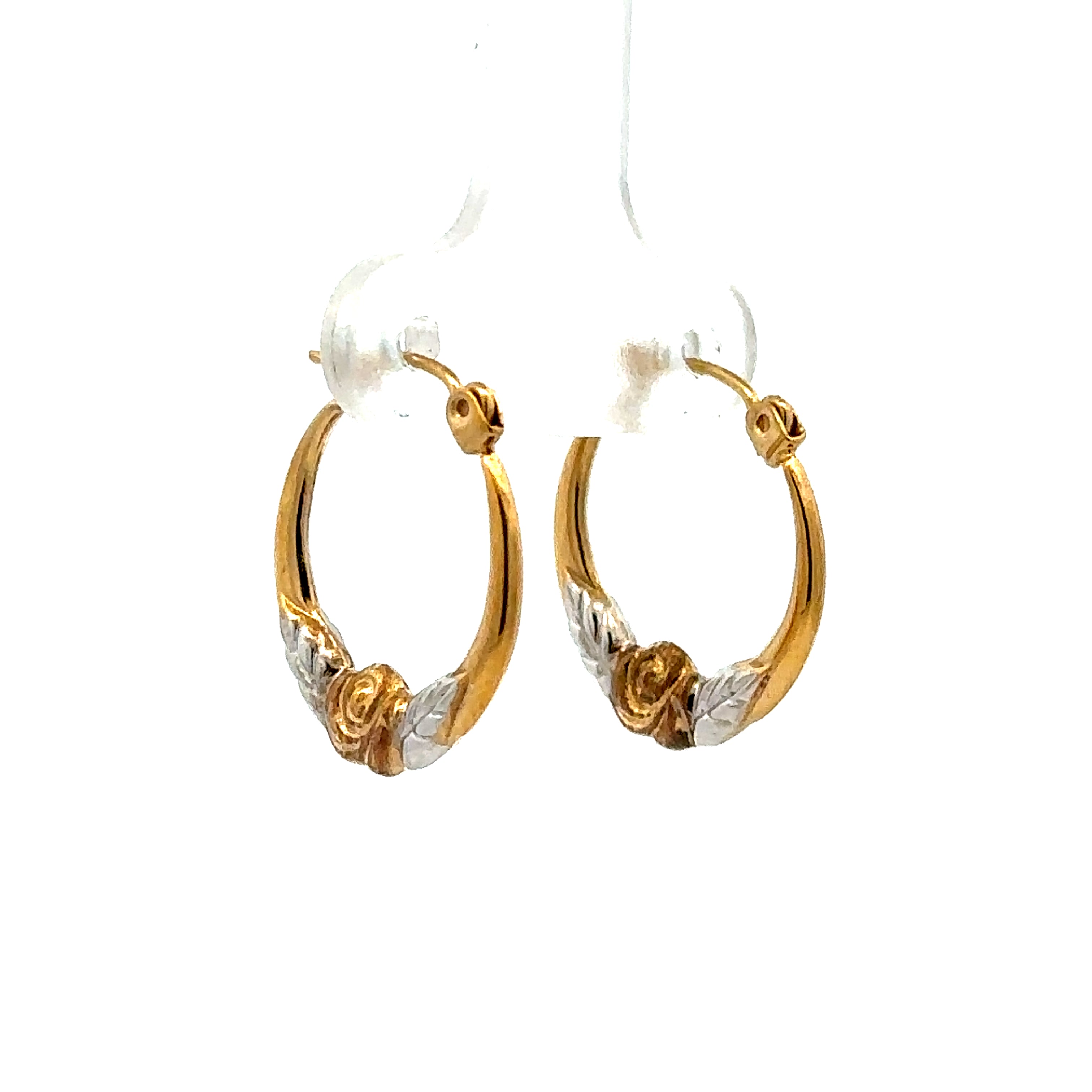 Estate Collection: 10K Gold Two-Toned 17MM Round Rose Carved Hollow Hoop Earrings