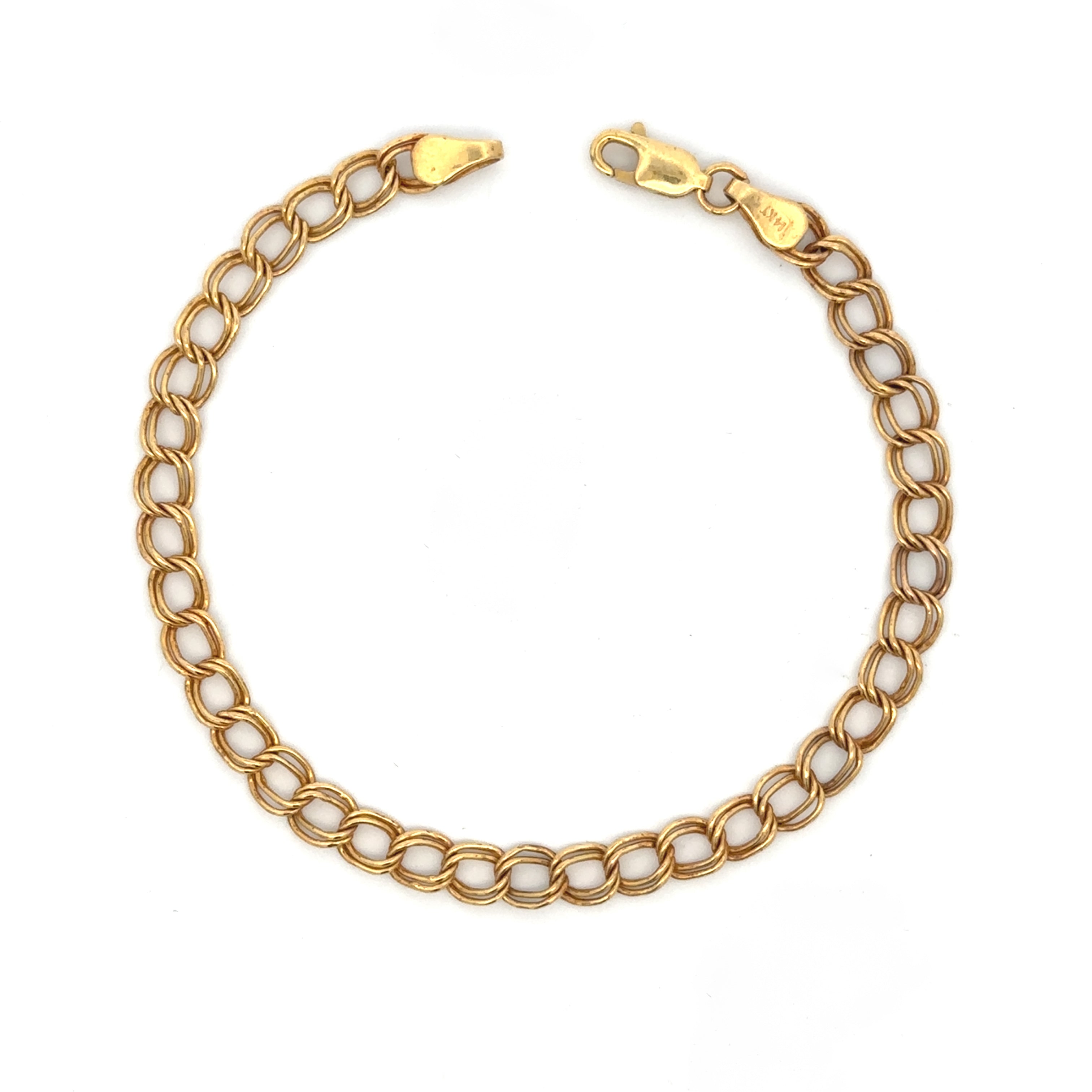 A gold chain bracelet with a lobster clasp, displayed on a clean white background.