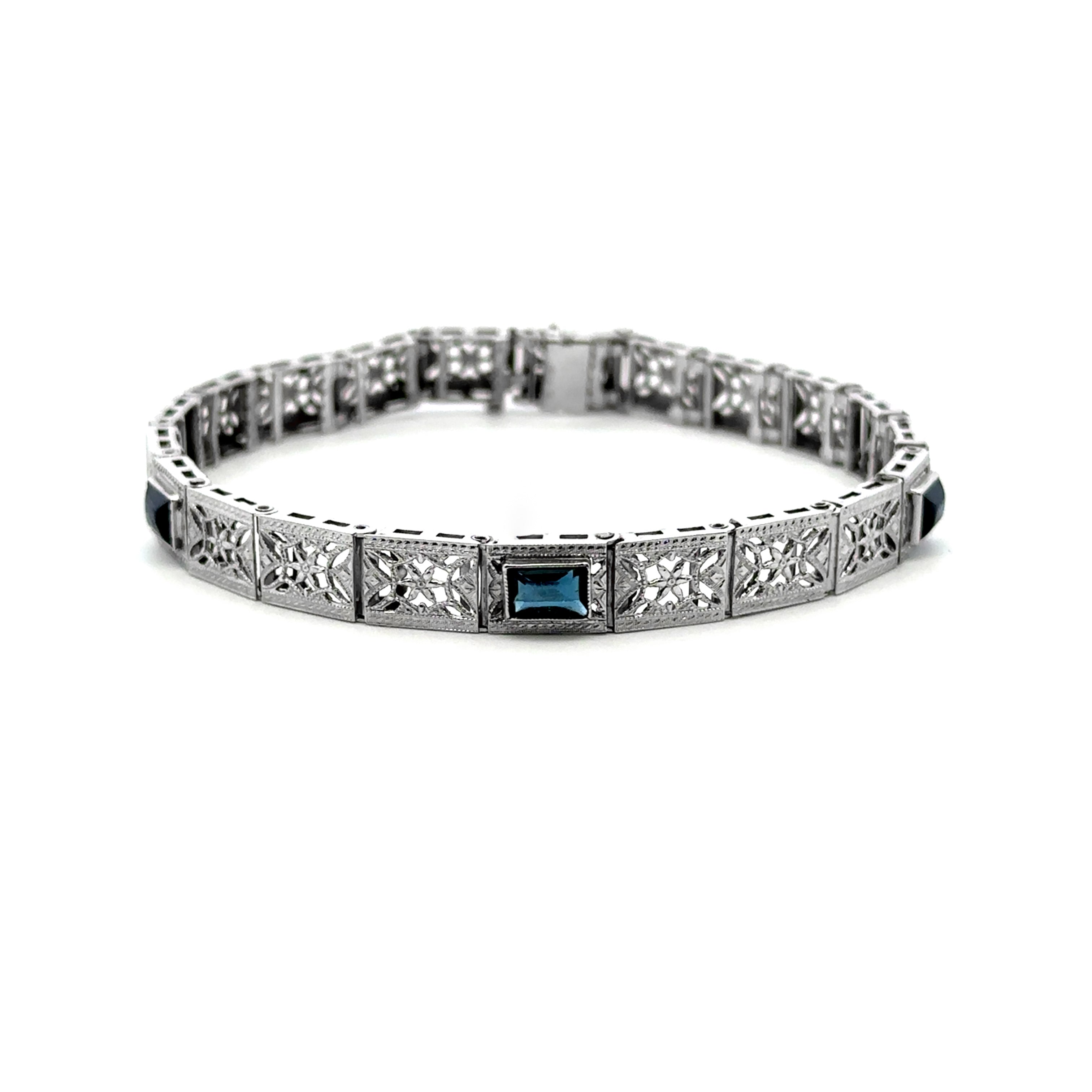 Estate Collection: 10K White Gold 7.5" Vintage Filagree Blue Emerald-Cut Stone Bracelet