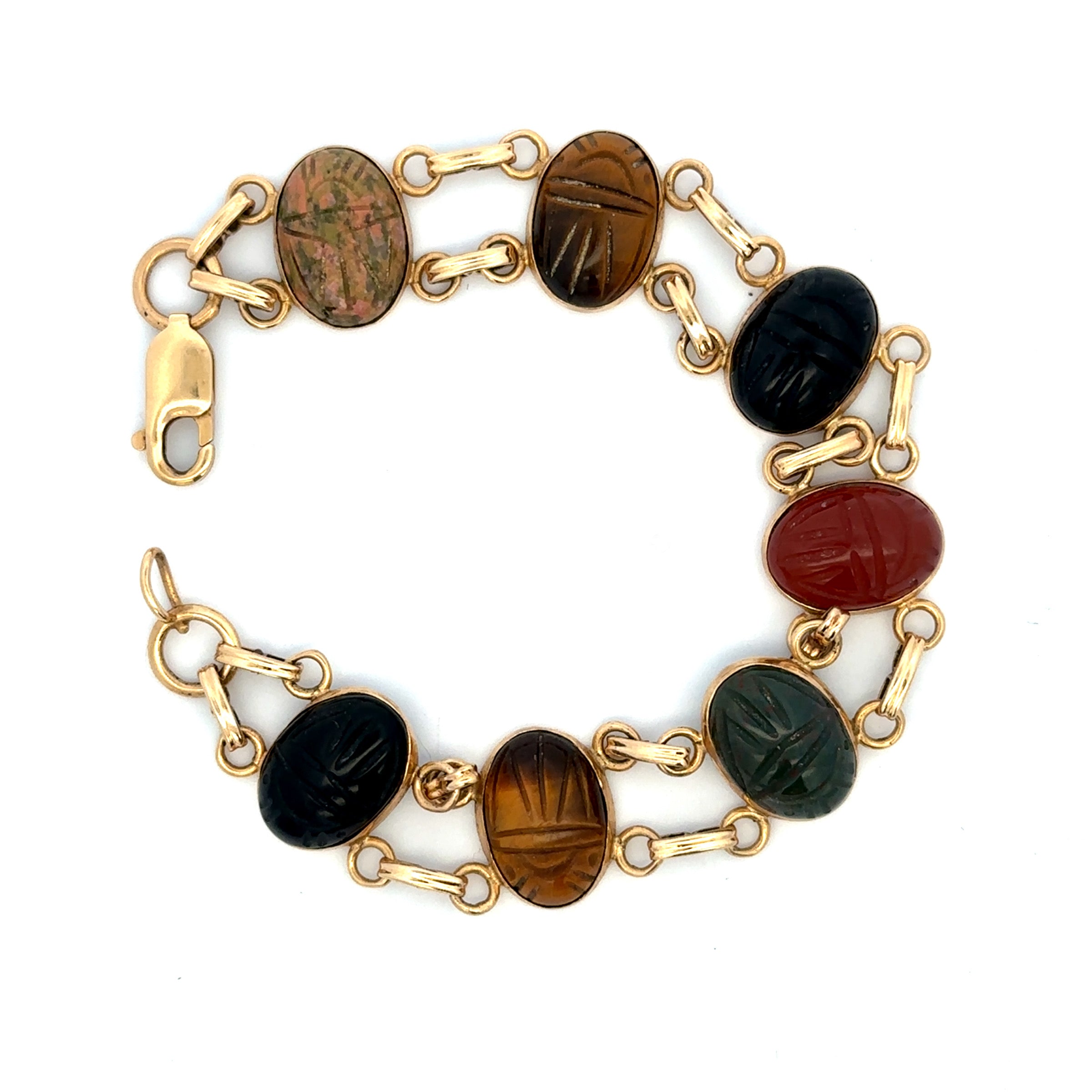 Estate Collection: 14K Yellow Gold 7.25" Carved Stone Oval Beetle Fancy Link Breacelet
