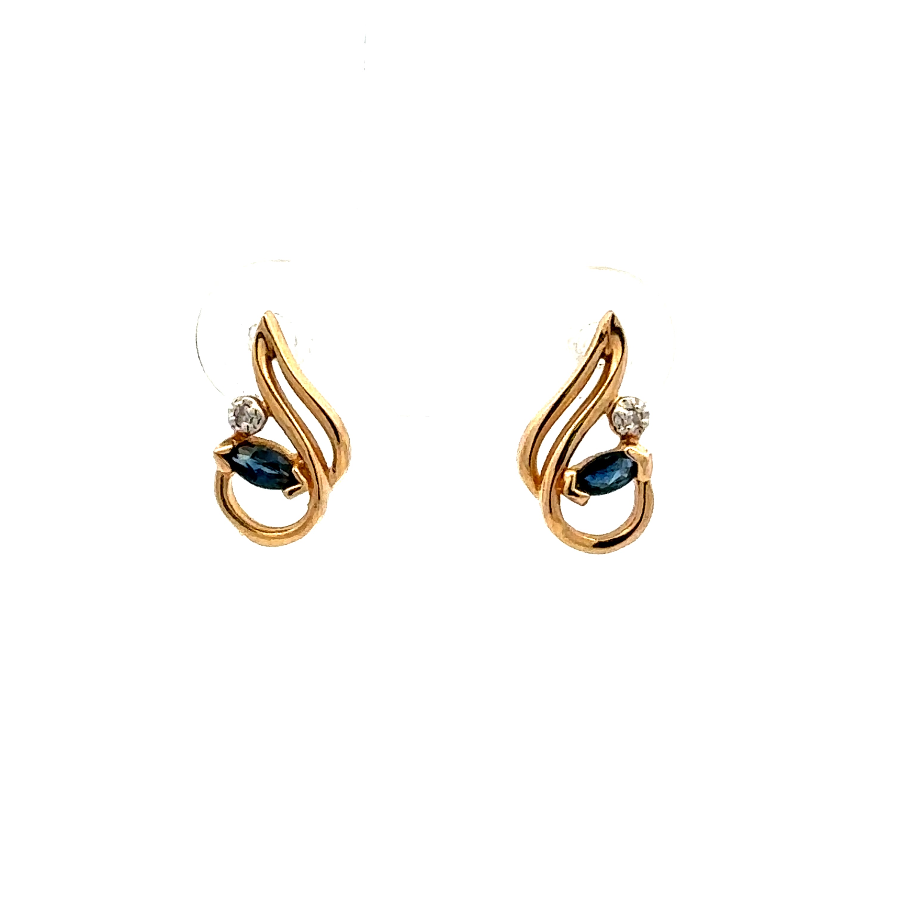 Estate Collection: 14K Yellow Gold Sapphire and Diamond Negative Space Swirl Stud Earrings
